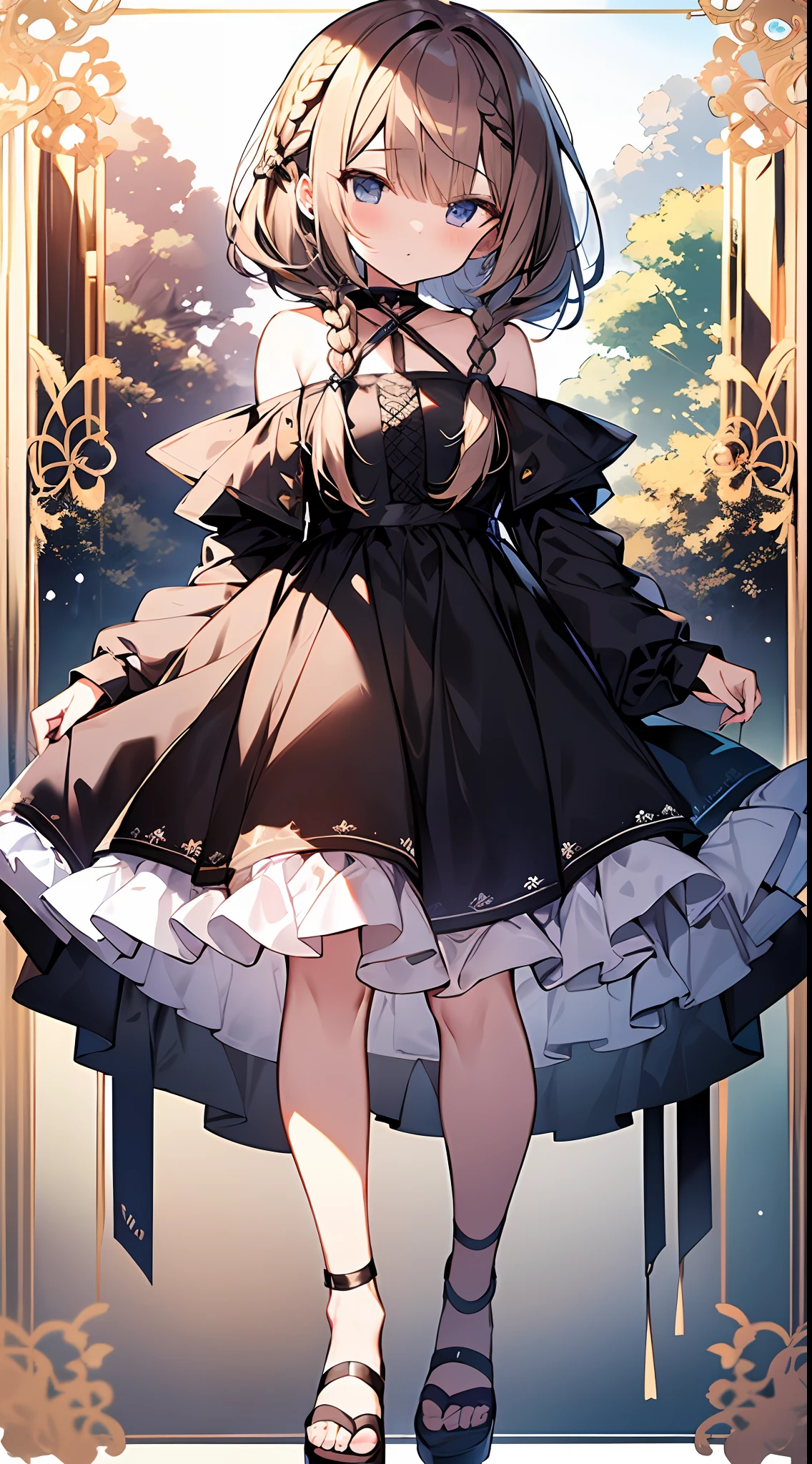 (incredibly absurdres absolutely resolution: 1.5), highest quality, masterpiece, ultra high resolution, 8k, (multiple girls), (gorgeous dresses with many gorgeous and colorful decorations) BREAK shoujo manga style, (loli), soft line drawing, digital enhancement, shojo manga touch, environmental change scenes, shojo manga core, ( Hair length to the shoulders))), (((short braid))), ancient capital of the West, full body visible angle, entangle, beautiful and aesthetic: 1.5, High quality: 1.3
