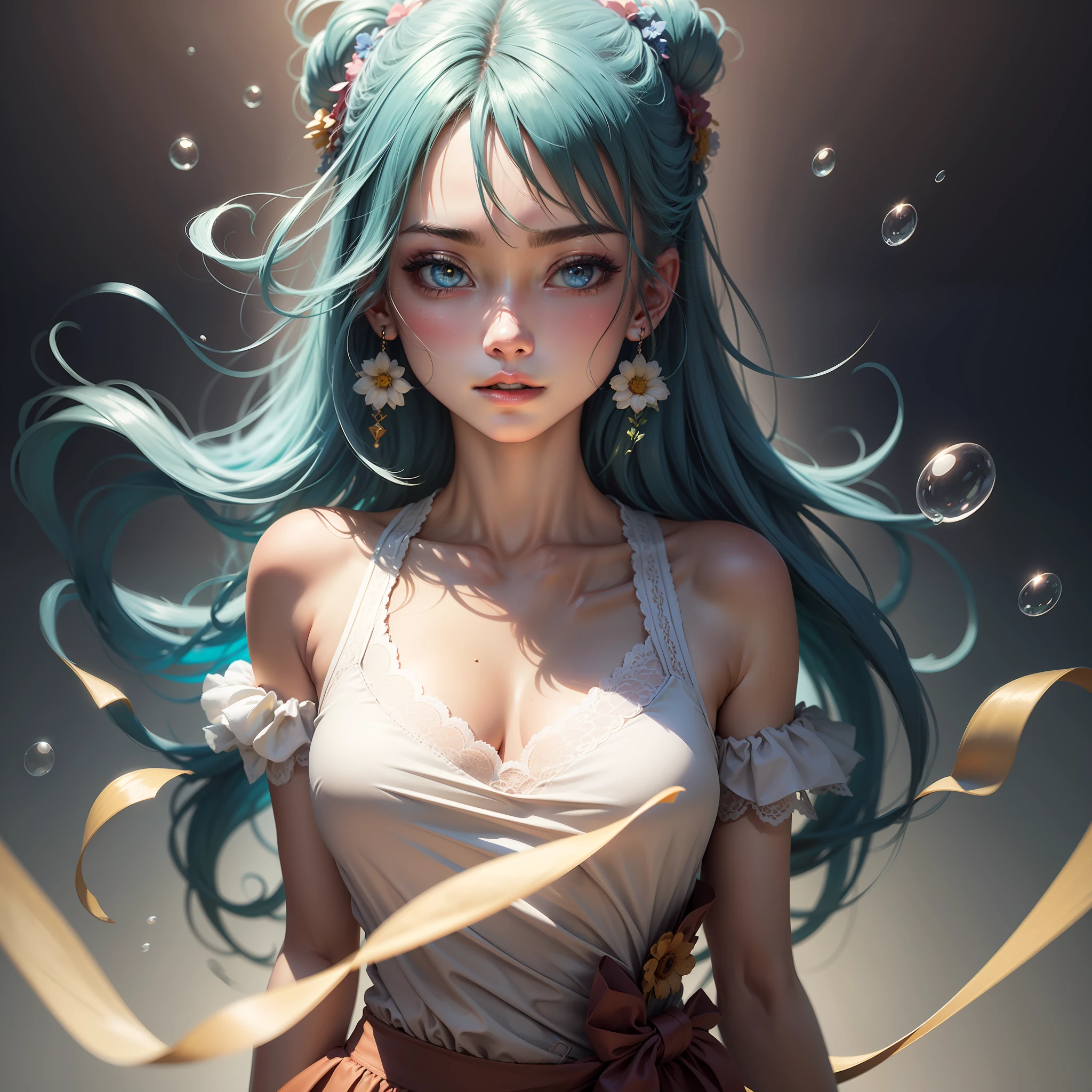 (masterpiece), (best quality), (ultra detailed),(disheveled hair),(illustration), (1girl), (Fashionable clothing), standing, Fashion model, looking at viewer, (interview), (simple background),beautiful detailed eyes, delicate beautiful face, Floating,(high saturation),(colorful splashes),colorful bubble,(shining), focus on face,  ponytail, kamisato ayaka, light blue hair, bangs, hair ring, floating flowers, floating hairs, (shining), best lighting, best shadow,