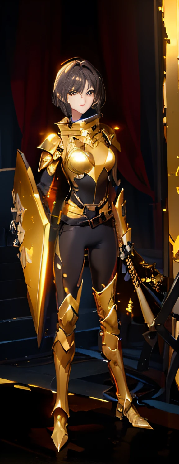 A dark-haired beauty wearing golden armor, black pants, holding a shield and hammer，