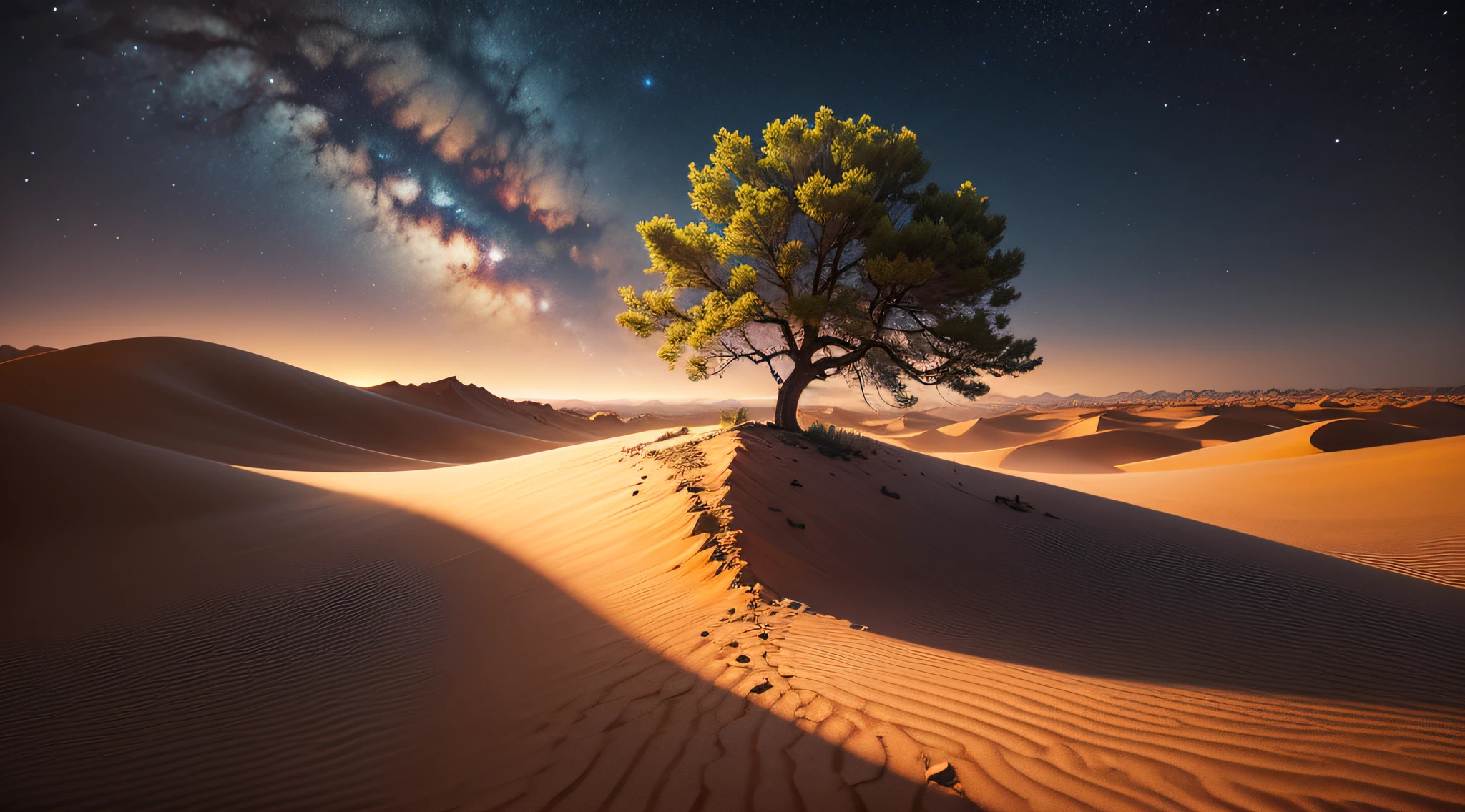 a tree made of golden light, in the middle of a desert of cracked soil, at night. Everything is dark, you can only see the tree and the ground that it illuminates --auto