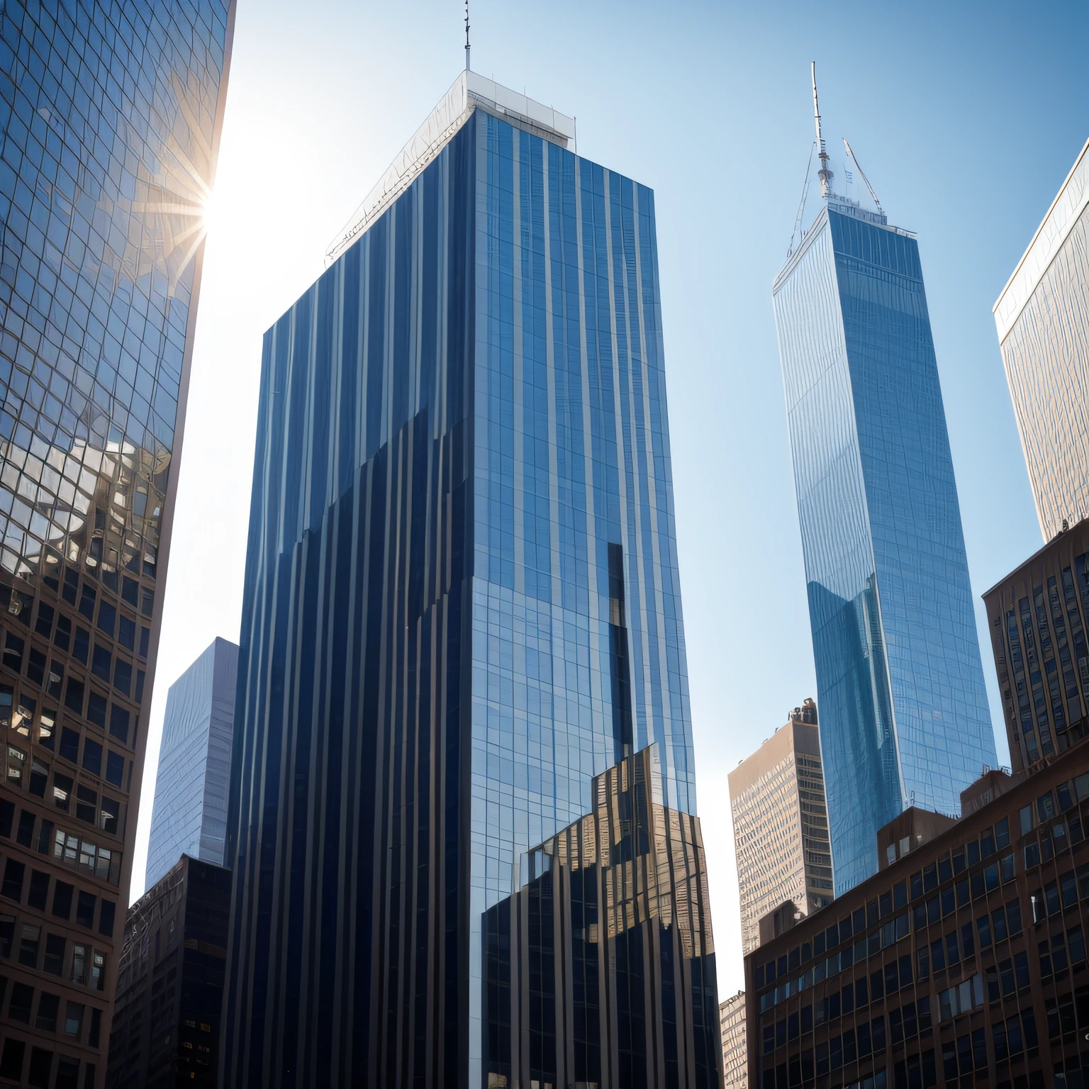 tall buildings in a city with a blue sky in the background, new york buildings, skycrapers, with tall glass skyscrapers, with shiny glass buildings, tall buildings on the sides, glass buildings, High rise buildings, Tall buildings, skyscrapers, big buildings, emphasis on tall buildings, High rise buildings, High-rise buildings