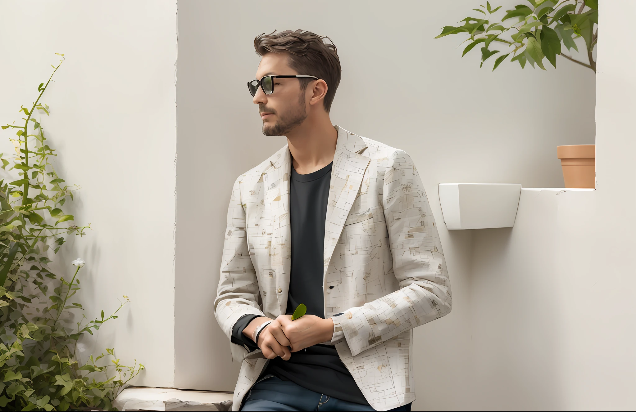 White European simplicity,Villa background wall,There are plants on the side