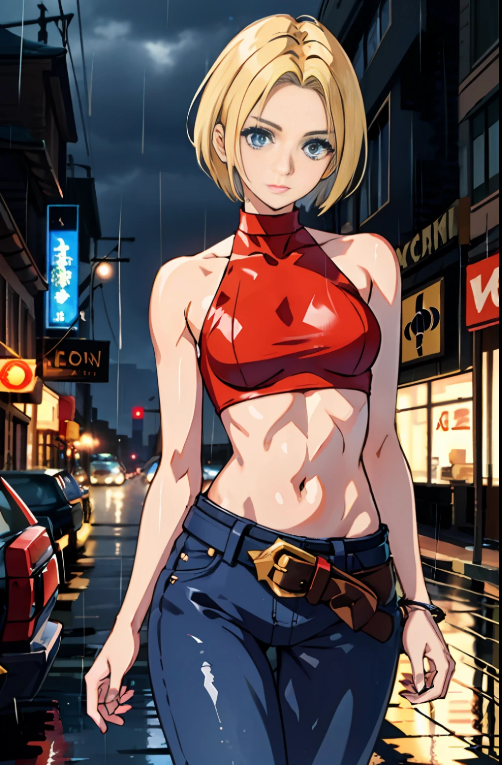 maryms, Best Quality,(beauty), 1girl,phisically-based render ,ultra highres,(cowboy shot:1.5),narrow waist, skinny, LeonaMS , big blue eyes,long legs,jeans,leather belt,small breasts,puffy eyes, leather belt,(rainy city), shiny skin, facing viewer, Victory posture,