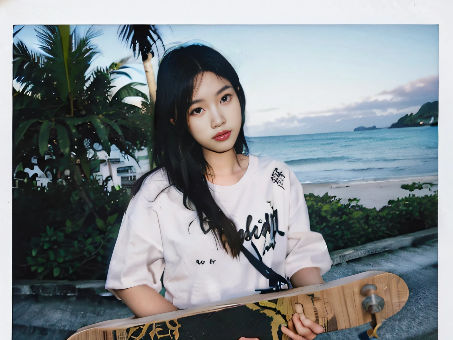 1girl in、skateboard、Whole human body、Skateboarders、she is wearing streetwear, outlive streetwear collection,street wear, japanese streetwear, B - Girls, B-Girl, woman in streetwear,(Realistic detailed eyes、natural skin textures、confident look)、Ishigaki Island、charming poses、Soft and impressive lighting、with a shallow depth of field、during the day、Whole human body、Sharp details、Heavily detailed、ultra hyperrealistic、Nature blurred background。Ishigaki Island Beach、Palm trees、By the sea