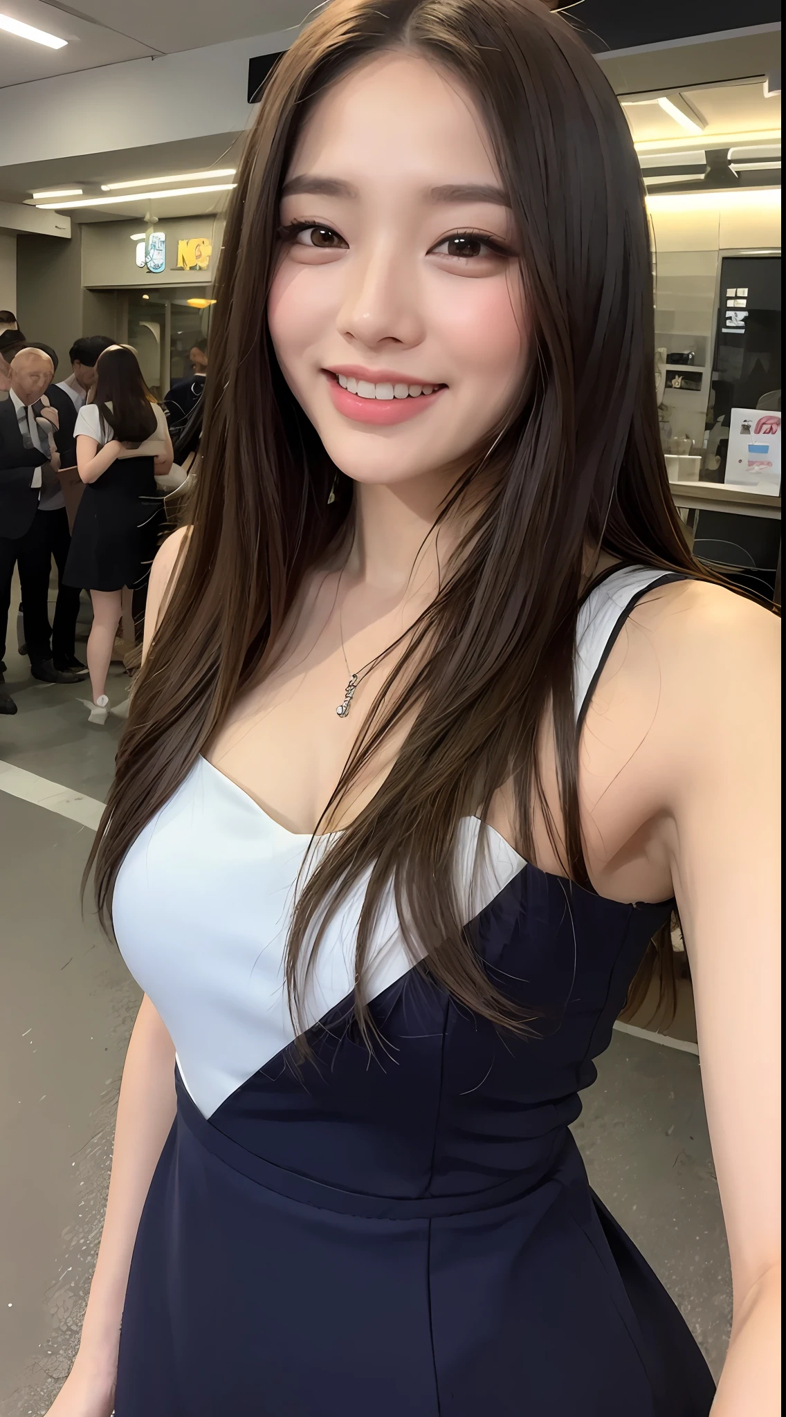 ((beste-Quality、8k、A masterpice:1.3))、1girl in、smile on face、Whole human body、Slim Faces、Pretty women、(dark  brown hair)、Full-length dresses:1.1、hyperdetailed face、detailed eye、双眼皮、blured background、Slim Faces、oras、takeout、a street、bob