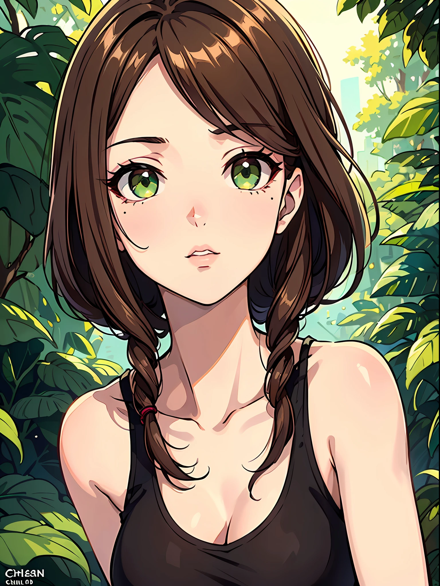 (masterpiece), best quality, beautiful detailed hair detailed face, girl, solo, close-up portrait, narrow perspective, perfect feminine face, very stunning woman, (black tanktop), chesnut brown hair, shoulder length hair, green eyes