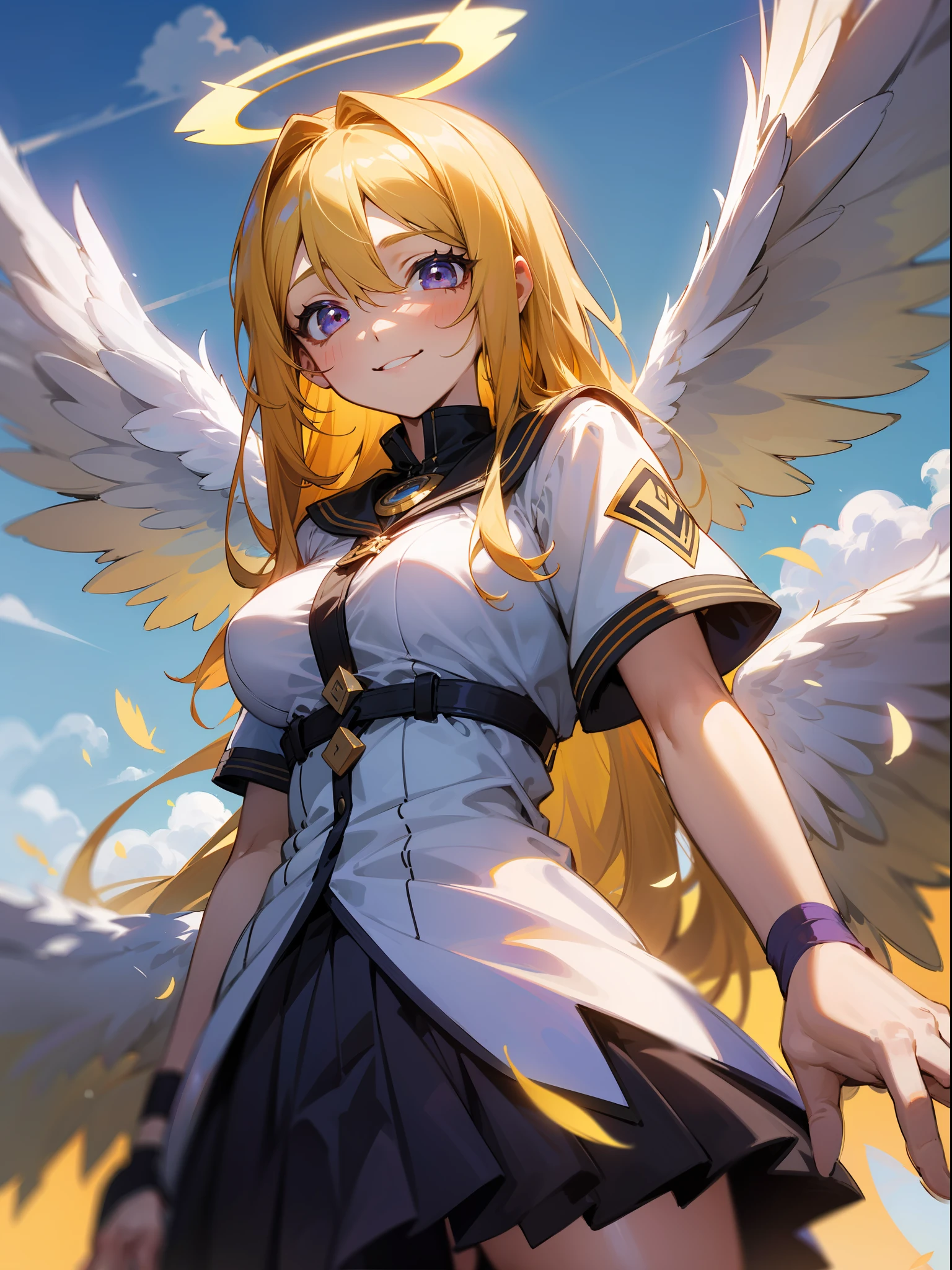 Two-dimensional，agirl，**** girls，Loli breasts，****** high school student body type，Yellow hair，hair between eyes，length hair，dishiveredhair，Purple eye，Big round eyes，Angel feather costume，angelic halo，Angel wings，skies，Clouds，lovly，Eccentric，Smiled，Best Shadow，Best Picture Quality，best light，Movie lighting，Beautiful graphics，Beautiful eyes，8K，A masterpiece，a sense of atmosphere，dynamicpose