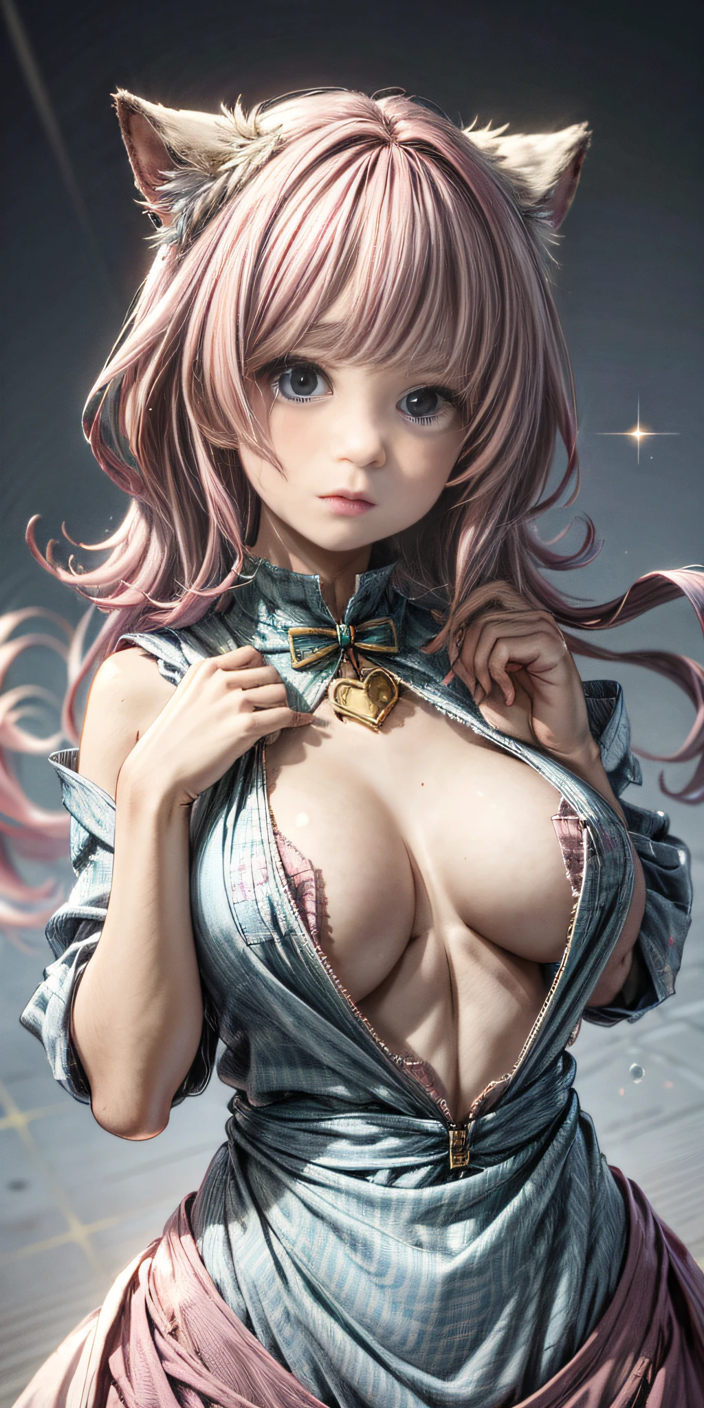 1girl huge large breasts， Shy girl，（Whole human body），独奏，smallbreast，with pink hair， Pink hoodie，Dress must not be revealing，smallbreast，A coquettish expression，Bow your head shyly，face red，Little blush fluttered，Fawn rammed，Detailed expressions，The tension of love coming，Ultra-detailded，disheveled hair，blue eyed， As estrelas， heart-shaped， A comic masterpiece，Whole human body，（The picture is not divided）Not divided，Unity 8k wallpaper，high-definition， 8K，Whole human body（（（good hand）））， Shy face，ultra-high-resolution