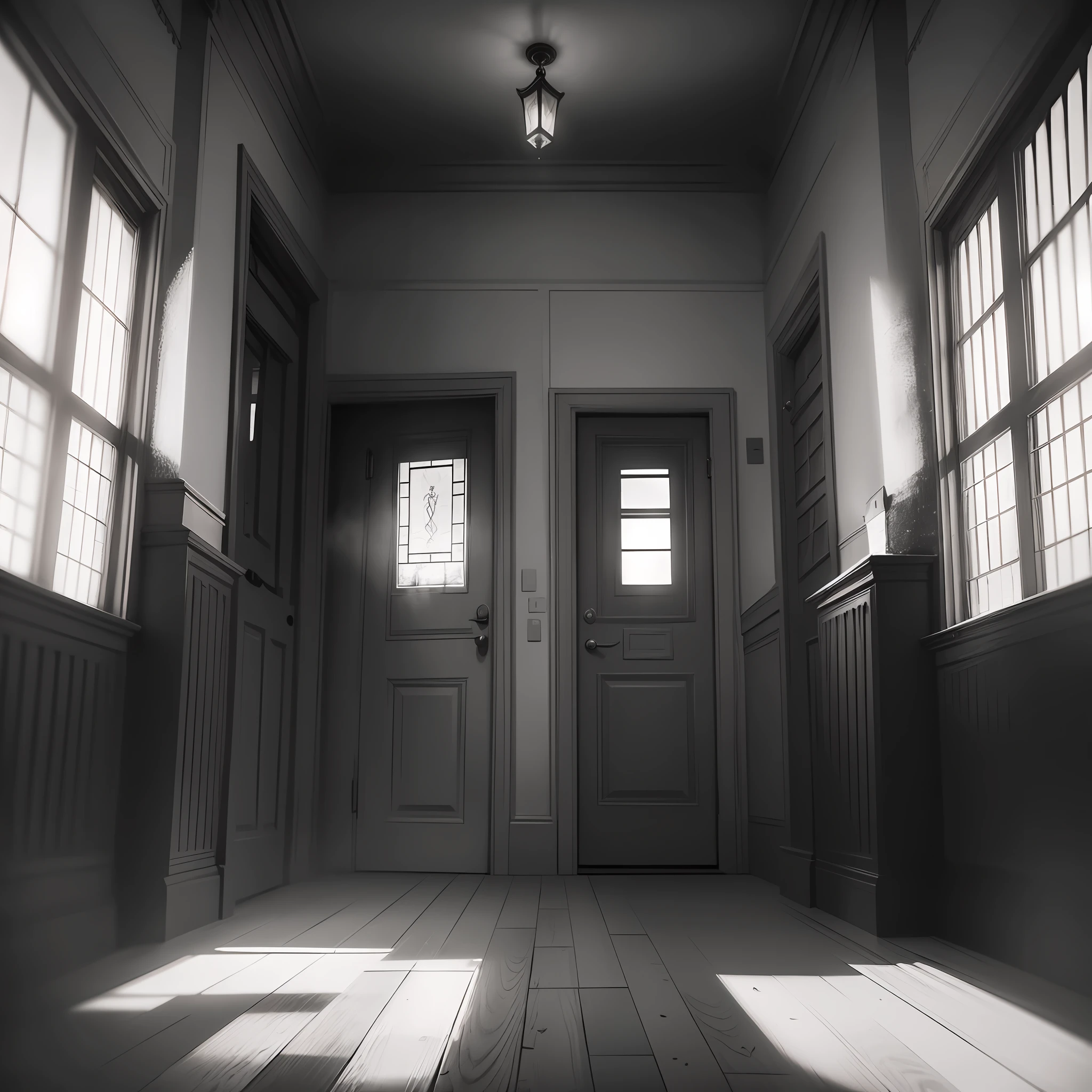 Cinematic scene, a haunted house, psychological thriller, horror, inspired by zen painting, expressive realism, chiaroscuro, dramatic lighting, introspective atmosphere, dynamic composition, symbolic color usage, psychological depth, narrative storytelling, captured with Sony CineAlta --auto --s2