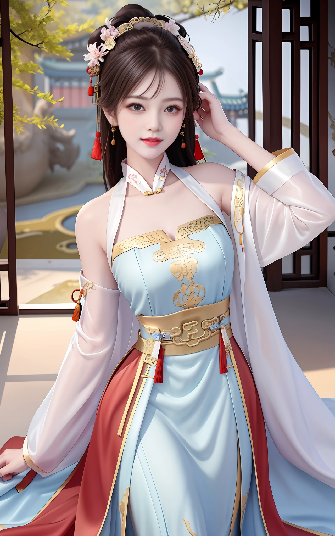 need,masterpaintings,high resolucion,1girl huge large breasts,Blushlush,(Seductive smile:0.8),starpupil,Chinese shoulder suction red Hanfu,hair ornament,necklac,trinkets,beautiflyface,On_body,Tindal effect,extremely lifelike,Shadow room,Light edges,Two-tone lighting，（High Detail Skins：1.2），8K  UHD，Slr，softlighting，hightquality，Volumetriclighting，Candid camera，The photograph，high resolucion，4K，8K，Antique bust photo in the background: A girl about 22 years old，Perfectcomposition，Precise and perfect human anatomy，Golden ratio creation，Surreal and realistic。Detailed skin details，fair white skin，with shiny skin，Creamy glowing skin，Skin that is white and red。Exquisite depiction of facial features，Perfect makeup，Detailed depiction of the face，Clean and flawless face。A sweet smile，Smile without showing your teeth。Extremely detailed depiction of hair，Long black hair，Hair coiled，tying hair，High bun，The wind blew away the hair。Eyebrows upturned，long eyelash，双眼皮。Affectionate eyes，Big bright eyes，Sweet with lying silkworms。High nose bridge。Thin lips，Pink lip gloss，Straight teeth。Exquisite clavicle。Delicate pendant，耳环。Perfect tall figure，Get it all together，Long legs and thin waist，Skinny beauty，Can't be too thin。Straight chest，medium boob。Keep your head up and your chest up，Look ahead，Face the lens，Stand。Ancient architectural background(((Chinese style new Chinese color dress)))，half body photo