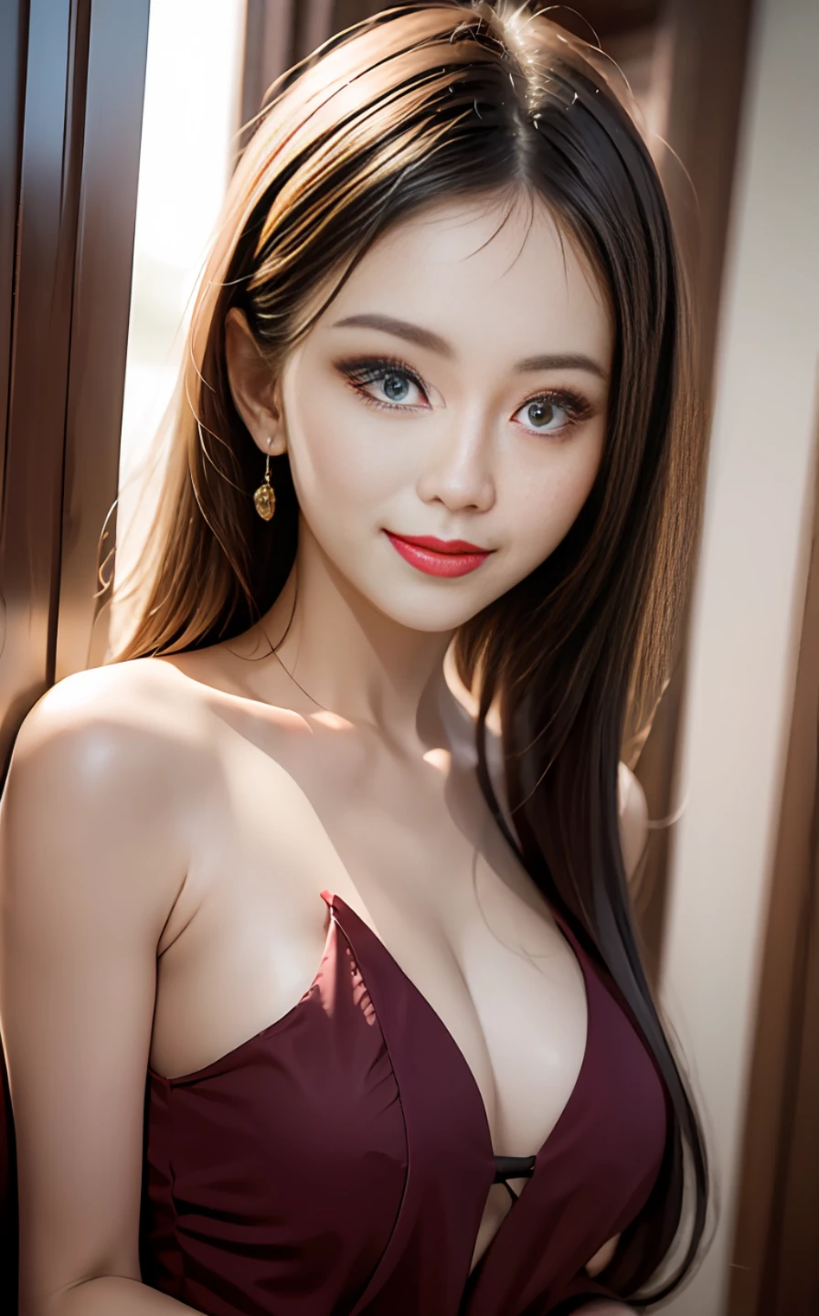 of the best quality,UltraHighResolution,(真实感:1.4),(beautyful girl:1.4),(mediuml breasts:0.8),Looking_au_Os espectadores,Detailed facial details,Beautiful detailed eyes,purple color hair,Blue eyes,Slim,haunting smile,(Makeup:0.3),red-lips,Very meticulous clothes,(ulzang-6500-v1.1:0.3)
