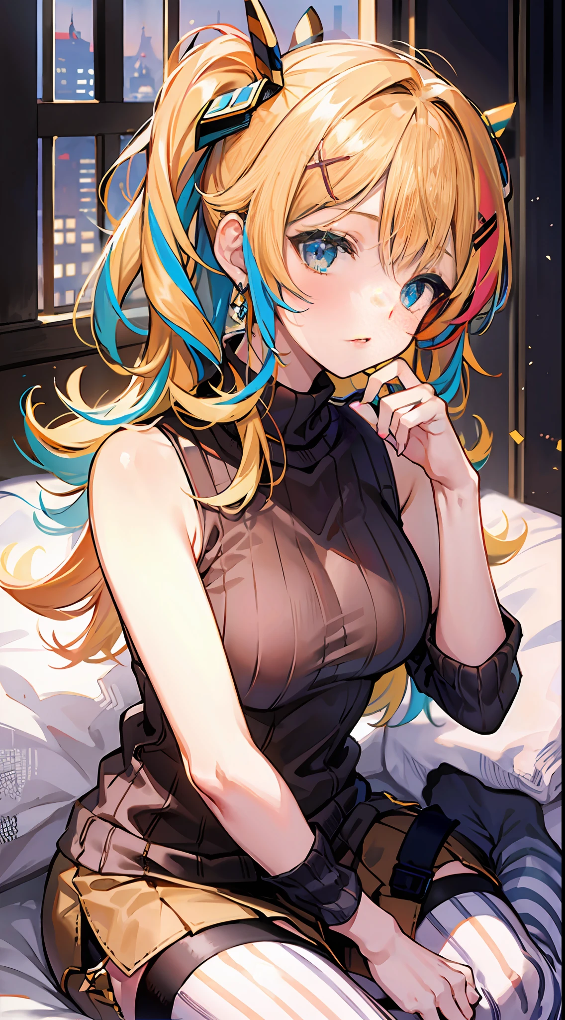 Orange sleeveless sweater,((Striped stockings)),Exposed shoulder,sit on a bed,Rich hairstyles,Multiple hairstyles,Multiple hair colors,Abundant body movements,Abundant hand movements,A variety of hair accessories