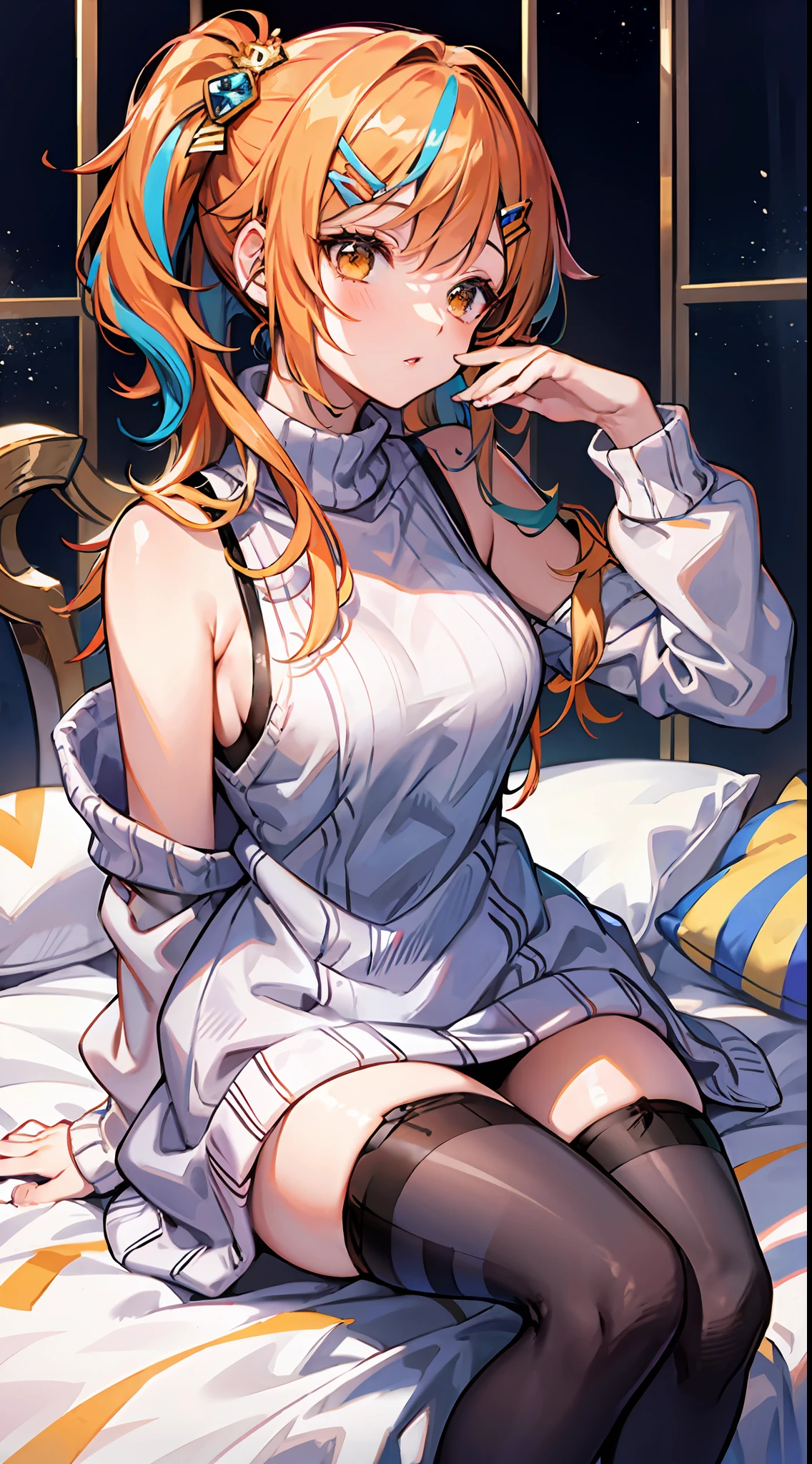 Orange sleeveless sweater,((Striped stockings)),Exposed shoulder,sit on a bed,Rich hairstyles,Multiple hairstyles,Multiple hair colors,Abundant body movements,Abundant hand movements,A variety of hair accessories