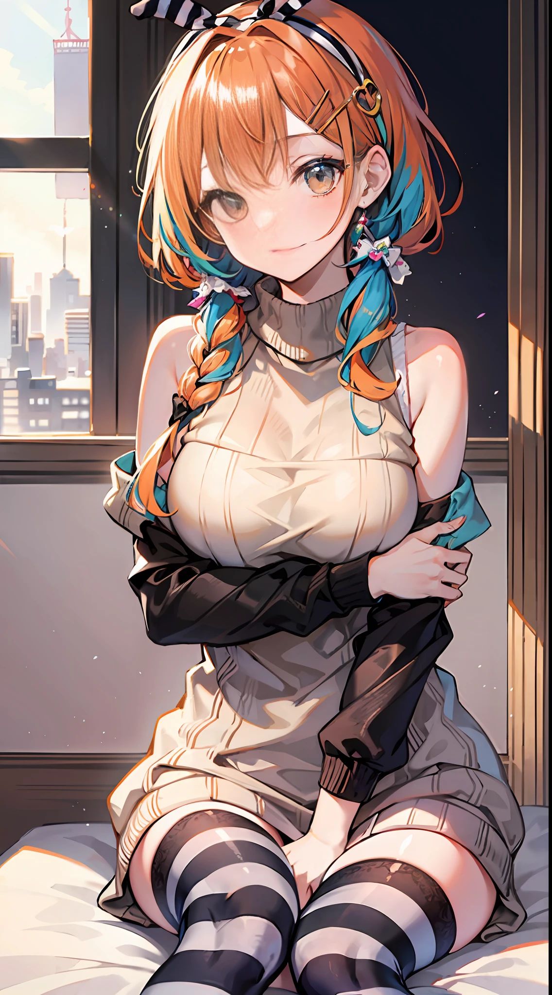 Orange sleeveless sweater，((Striped stockings))，Exposed shoulder，sit on a bed，Rich hairstyles，Multiple hairstyles，Multiple hair colors，Abundant body movements，Abundant hand movements，A variety of hair accessories