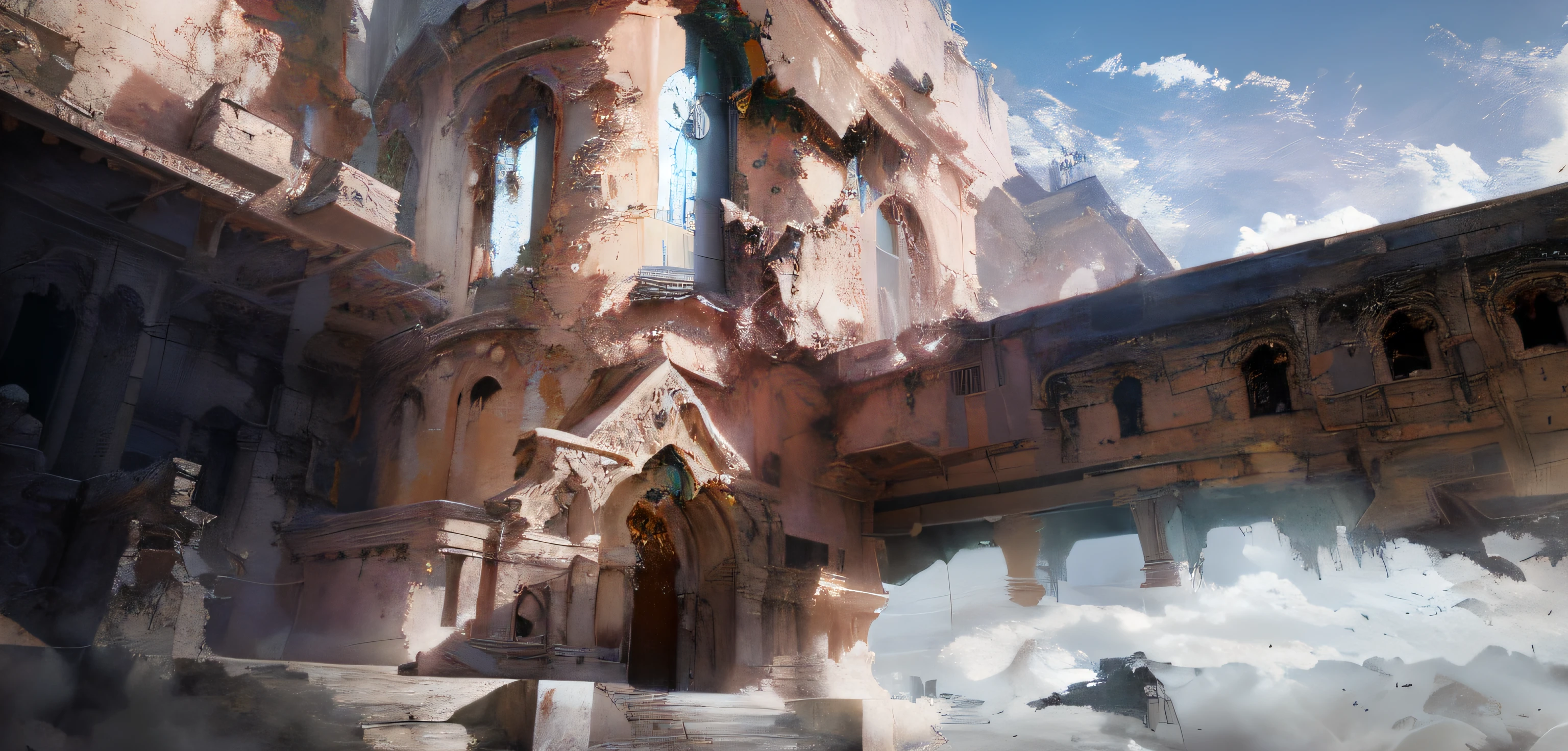 painting of a building with a staircase and a clock tower, painterly concept art, low detailed. Digital painting, baroque digital painting, Unreal Engine Digital Painting, fantasy painterly style, composition study, expressive digital painting, expressive digital painting, fantasy architecture, ruined architecture, high detail digital painting, digital painting concept art, Inspired by WLOP, concept-art --auto