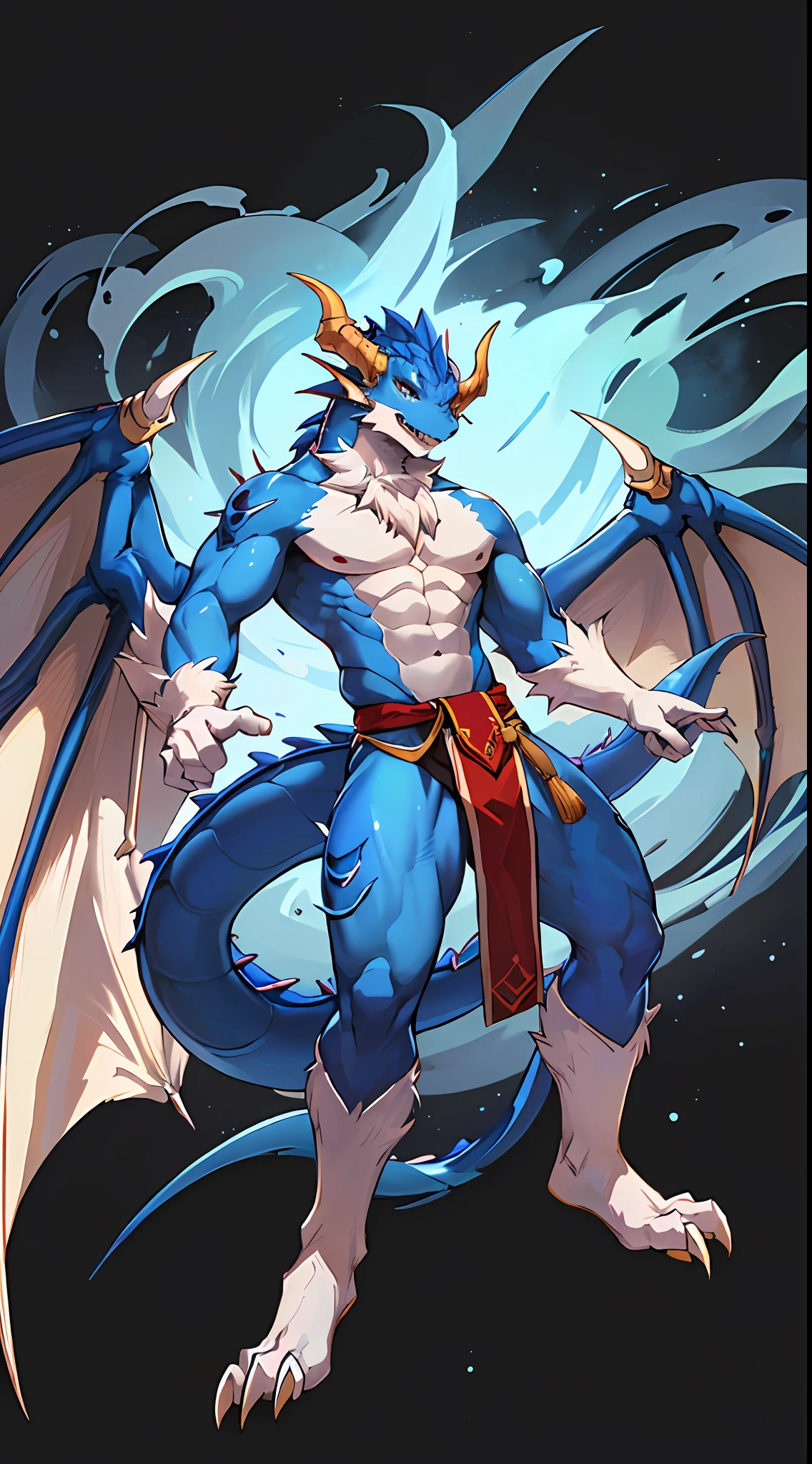 1male furry,((Blue dragon,)),White fur,Male, komono, Thin body type,I didn't wear anything on my upper body，chest muscle，The lower body is only wearing a loincloth，Dynamic pose，Dragon wings，Thick dragon tail，Full body photo