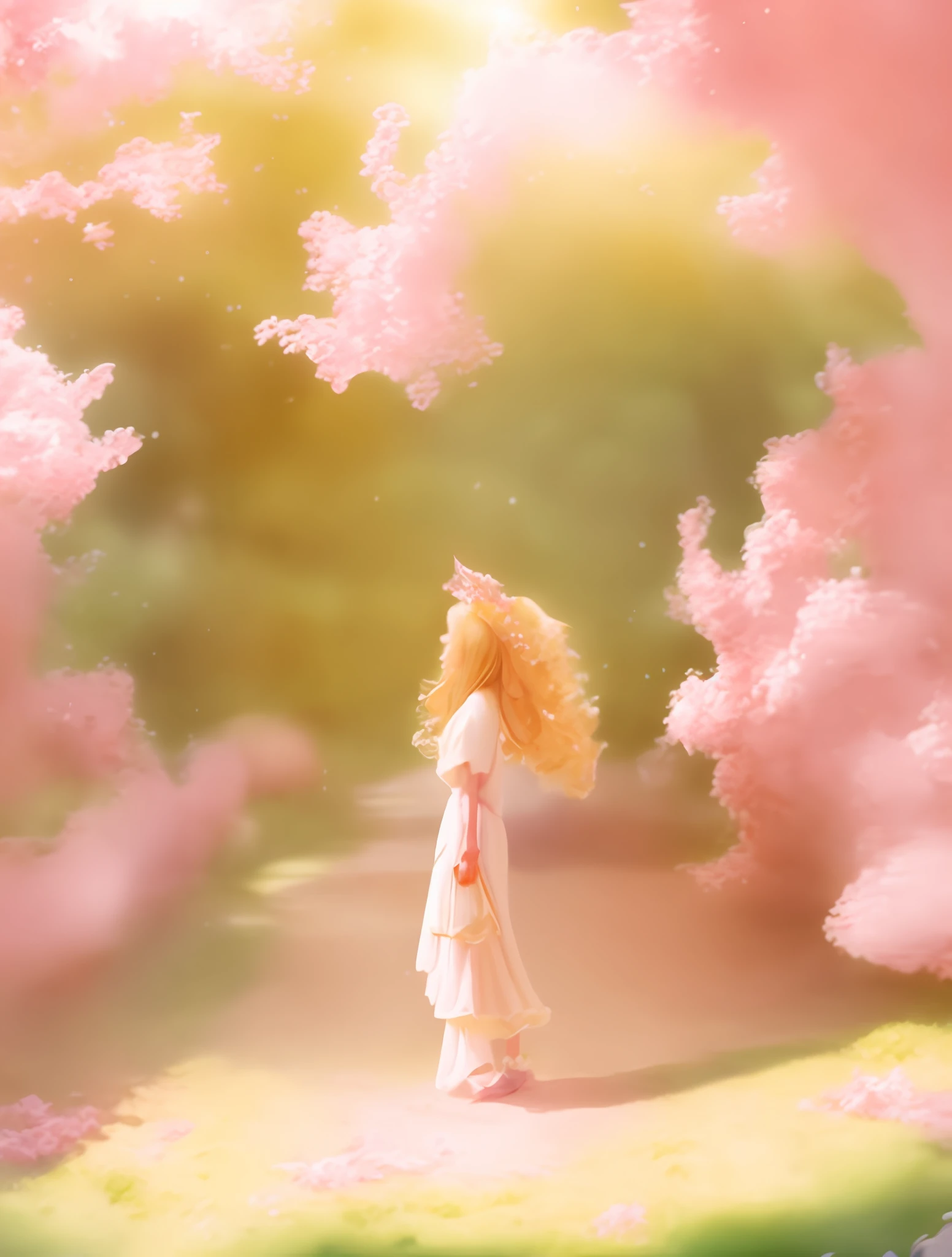 there is a girl that is standing in the grass with a umbrella, lost in a dreamy fairy landscape, in pink forest, beautiful render of a fairytale, in the white clouds fairyland, blurry and dreamy illustration, dreamy scene, in white clouds fairyland, dreamlike illustration, very magical and dreamy, DreamlikeArt, blurry and dreamy illustration, in a whimsical fairytale forest