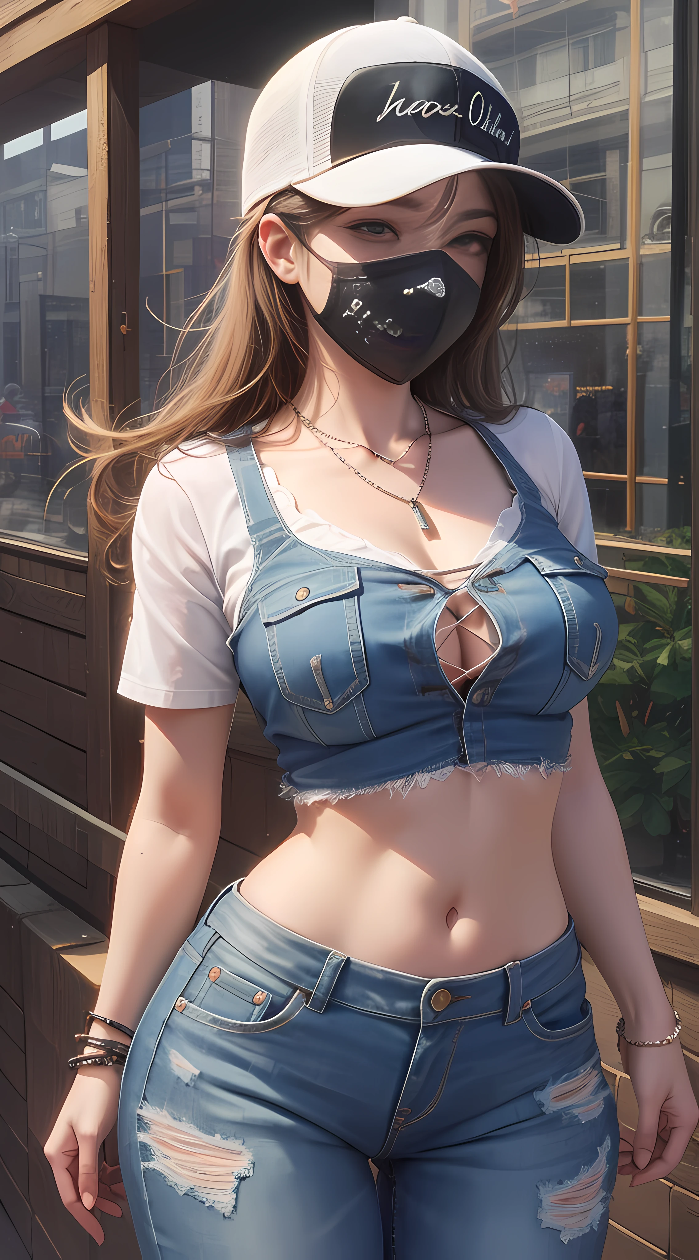 Ultra high quality,8K,Girls do not show their breasts,High cold wind,mouth mask,red lip,The head proportions are perfect,silverlong hair,With baseball cap,Letter T-shirt,Denim pants,Swan neck,brimming with sunshine,necklace of diamonds,The body is well-proportioned,The color of the clothing is bright, high saturation and,High detail depiction,cyperpunk