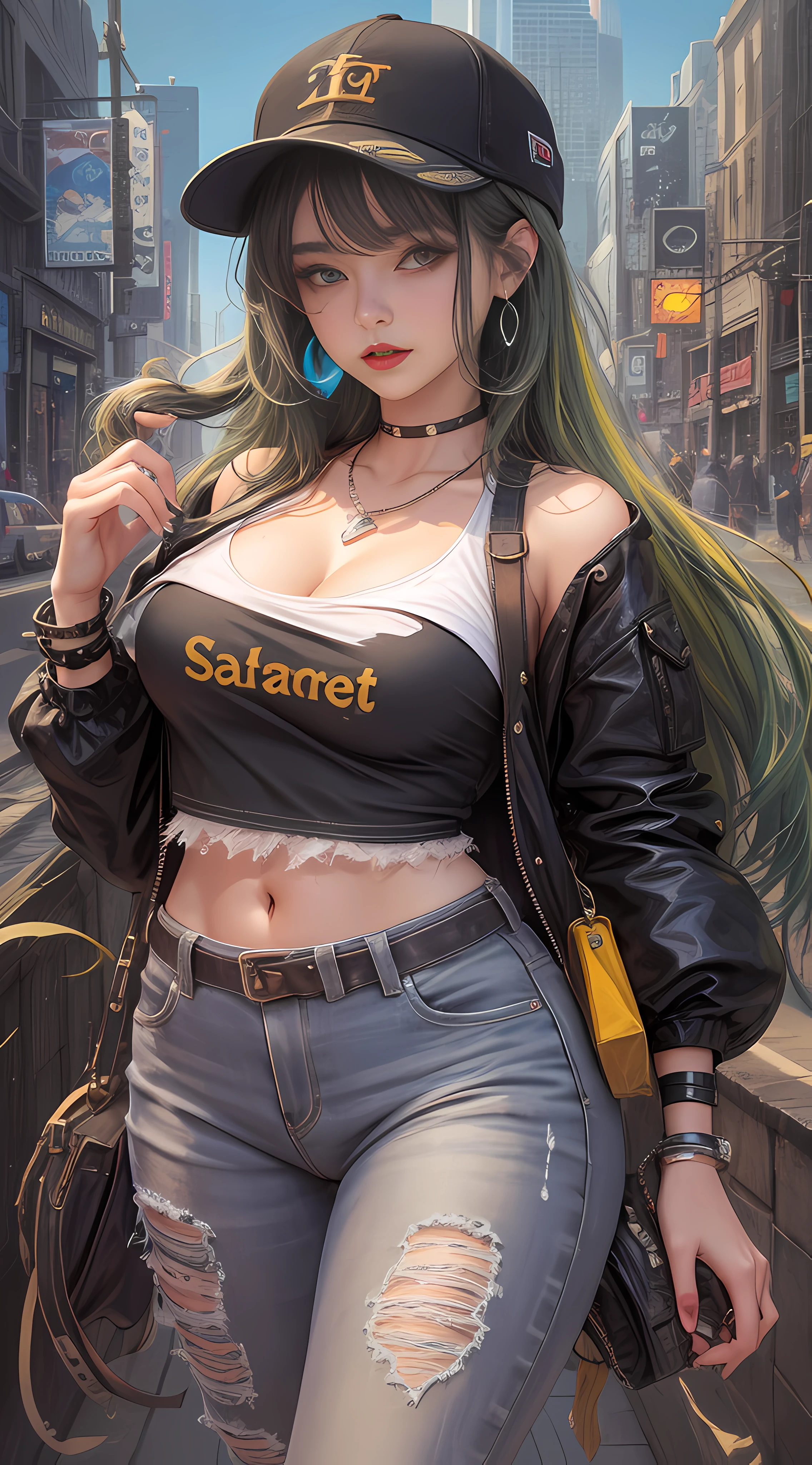 Ultra high quality,8K,Girls do not show their breasts,High cold wind,mouth mask,red lip,The head proportions are perfect,silverlong hair,With baseball cap,Letter T-shirt,Denim pants,Swan neck,brimming with sunshine,necklace of diamonds,The body is well-proportioned,The color of the clothing is bright, high saturation and,High detail depiction,cyperpunk