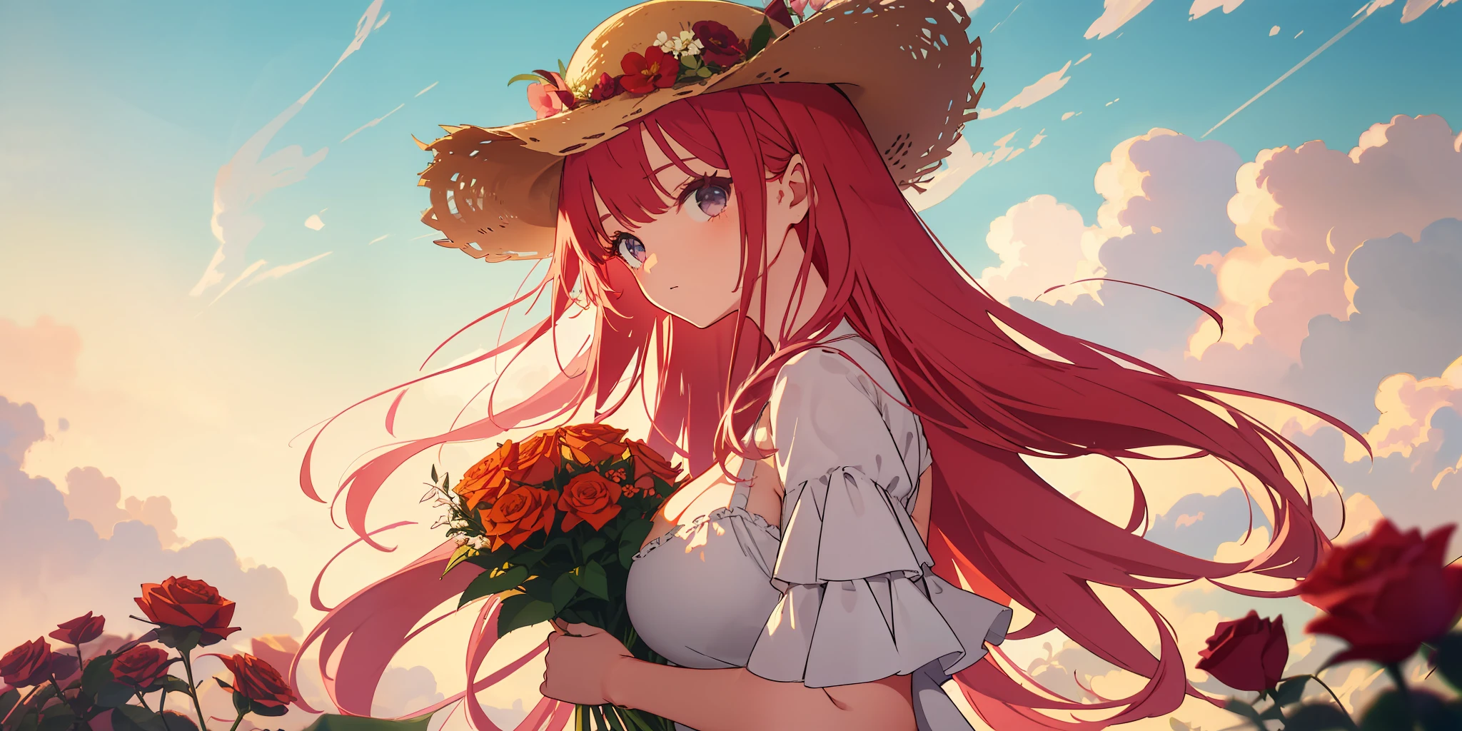 （masterpaintings，optimal quality）， 1girl huge large breasts，florals，独奏，cleavage dress，Hold， skies， the clouds， Hats， plein-air， bangss， flower bouquet， rosette， Expressionlessly， face red， Pink hair， flower  field， red flower， pink colored eyes， white dresses， looking at the spectator， mid hair， Take the flowers， Cleavage small breasts， red rose， holding bouquet， Sun hat， white headwear， depth of view，