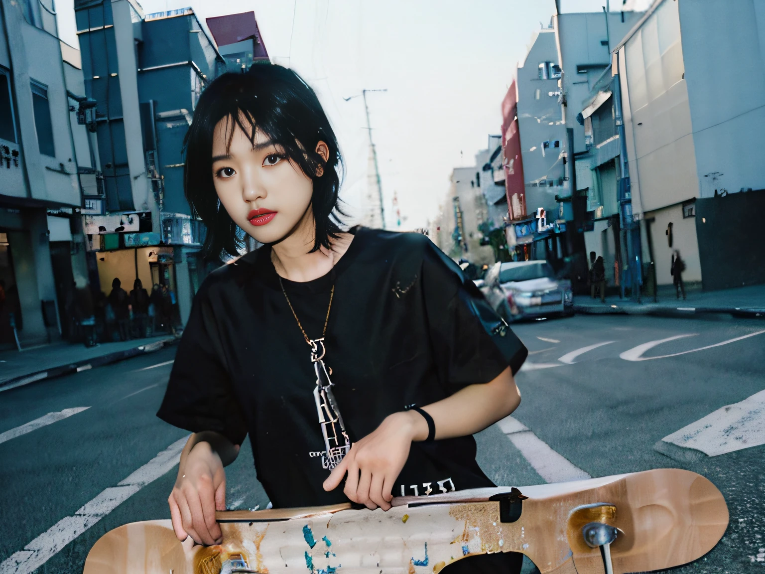 1girl in、skateboard、Whole human body、Skateboarders、she is wearing streetwear, outlive streetwear collection,street wear, japanese streetwear, B - Girls, B-Girl, woman in streetwear,(Realistic detailed eyes、natural skin textures、confident look)、Ishigaki Island、charming poses、Soft and impressive lighting、with a shallow depth of field、during the day、Whole human body、Sharp details、Heavily detailed、ultra hyperrealistic、Nature blurred background。The city of Ishigaki Island、In the city of Okinawa