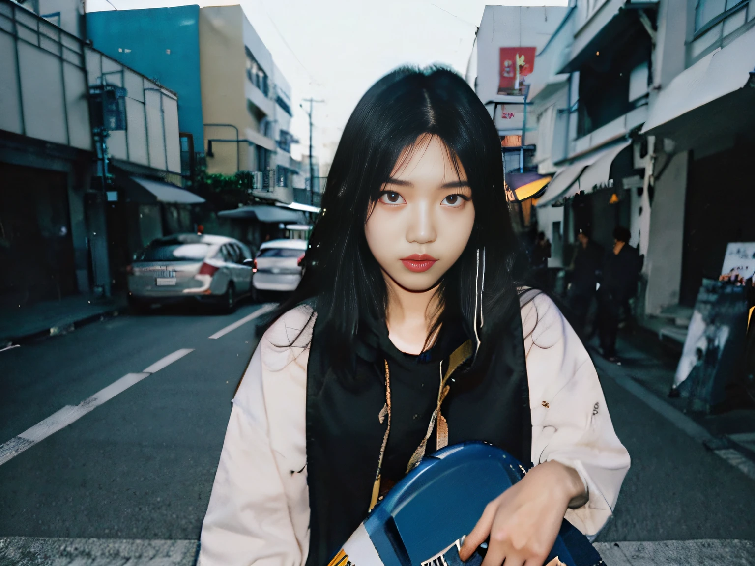 1girl in、skateboard、Whole human body、Skateboarders、she is wearing streetwear, outlive streetwear collection,street wear, japanese streetwear, B - Girls, B-Girl, woman in streetwear,(Realistic detailed eyes、natural skin textures、confident look)、Ishigaki Island、charming poses、Soft and impressive lighting、with a shallow depth of field、during the day、Whole human body、Sharp details、Heavily detailed、ultra hyperrealistic、Nature blurred background。The city of Ishigaki Island、In the city of Okinawa