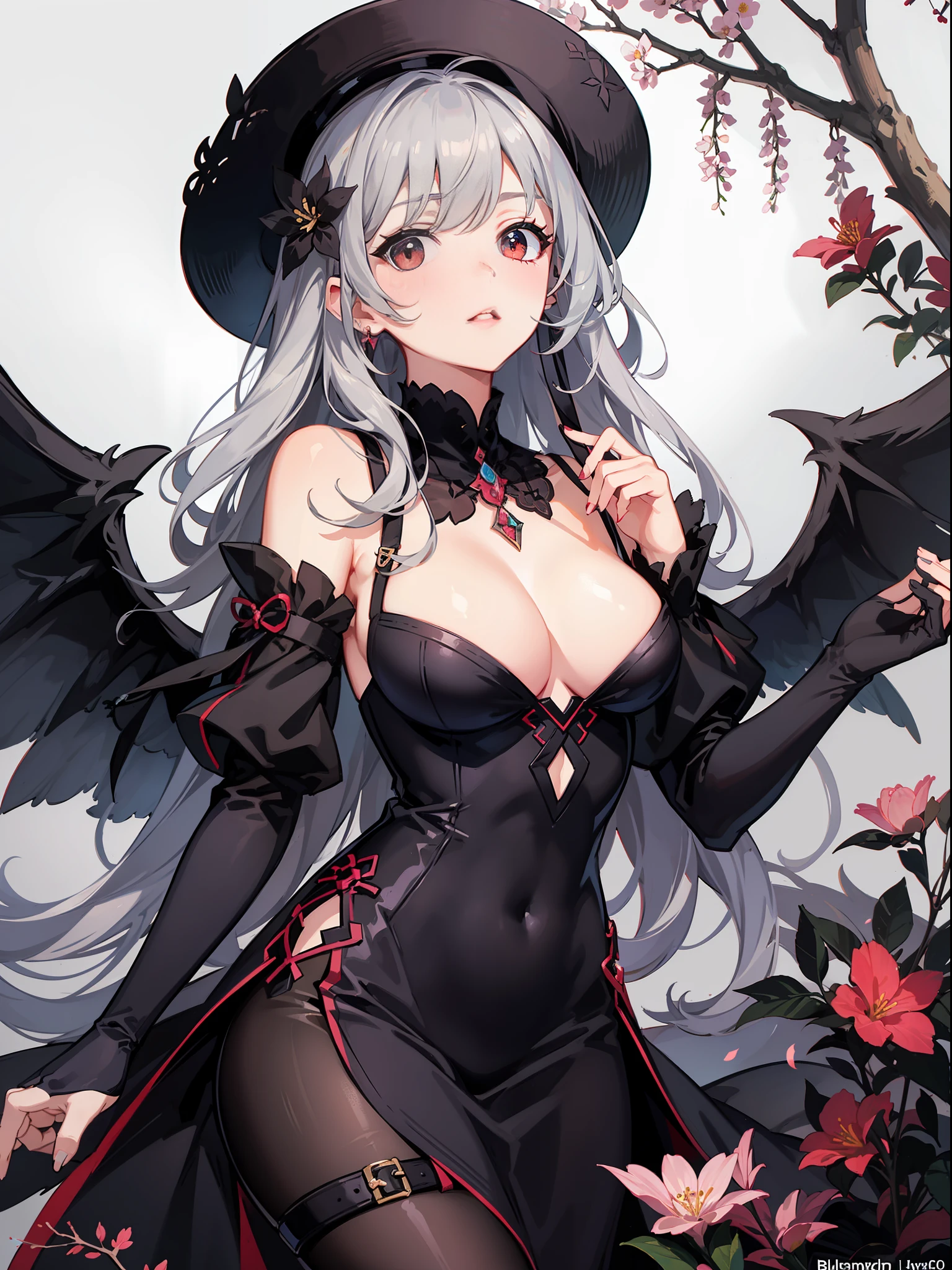 length hair,tits,lookingat_peeping at the viewer,Blushlush,bangss,black color hair,the hair,redheadwear,Long sleeves,cleavage dress,Cleavage,Exposed shoulder,medium boob,blossoms,Gray hair,Lips,Separate the sleeves,wings,Flowering,red - eyed,black leagwear,No shoulder strap,Separate collar,no shoulder straps dress,cinamtic lighting,Strong contrast,High level tail,optimal quality,masterpaintings,White background