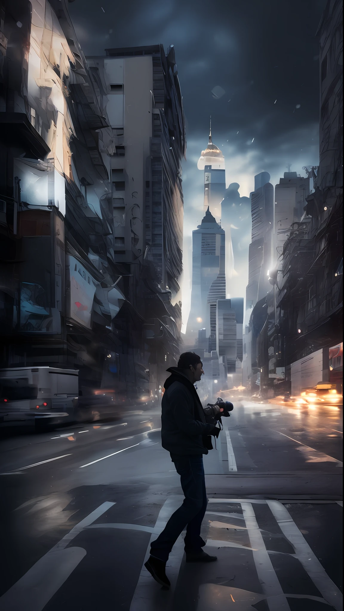Black photographer, Shooting in chaotic city+ dynamic compositing, incrivelmente detalhado, nitidez, detalhes + detalhes soberbos com luz + perfeccionismo + realismo premiado