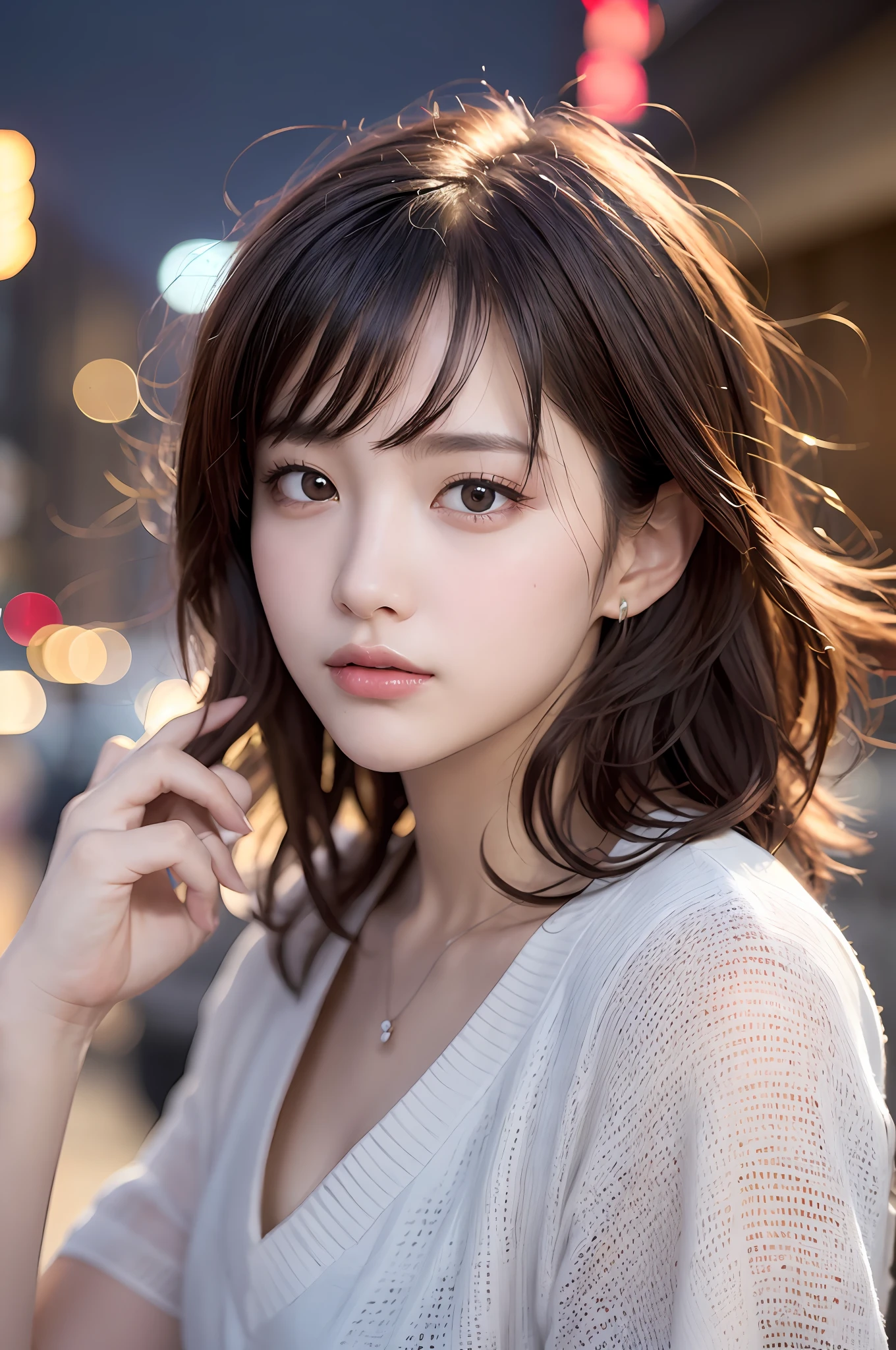 A girl holding a camera, mix4,(8k, RAW photo, best quality, masterpiece:1.2), (realistic, photo-realistic:1.37),1girl,cute,cityscape, night, rain, wet, professional lighting, photon mapping, radiosity, Physically-based rendering, gradient brunette hair, short curly hair, handsome, girly, white ball set, superb picture quality, high resolution, 1080p, (clear face), (detailed face description), (detailed hand description), (masterpiece), (exquisite CG), extreme light and shadow, messy hair, masterpiece, rich detail, (exquisite facial features), (highest image quality), (masterpiece), (detailed eyes), look forward to your eyes, delicate collarbone
