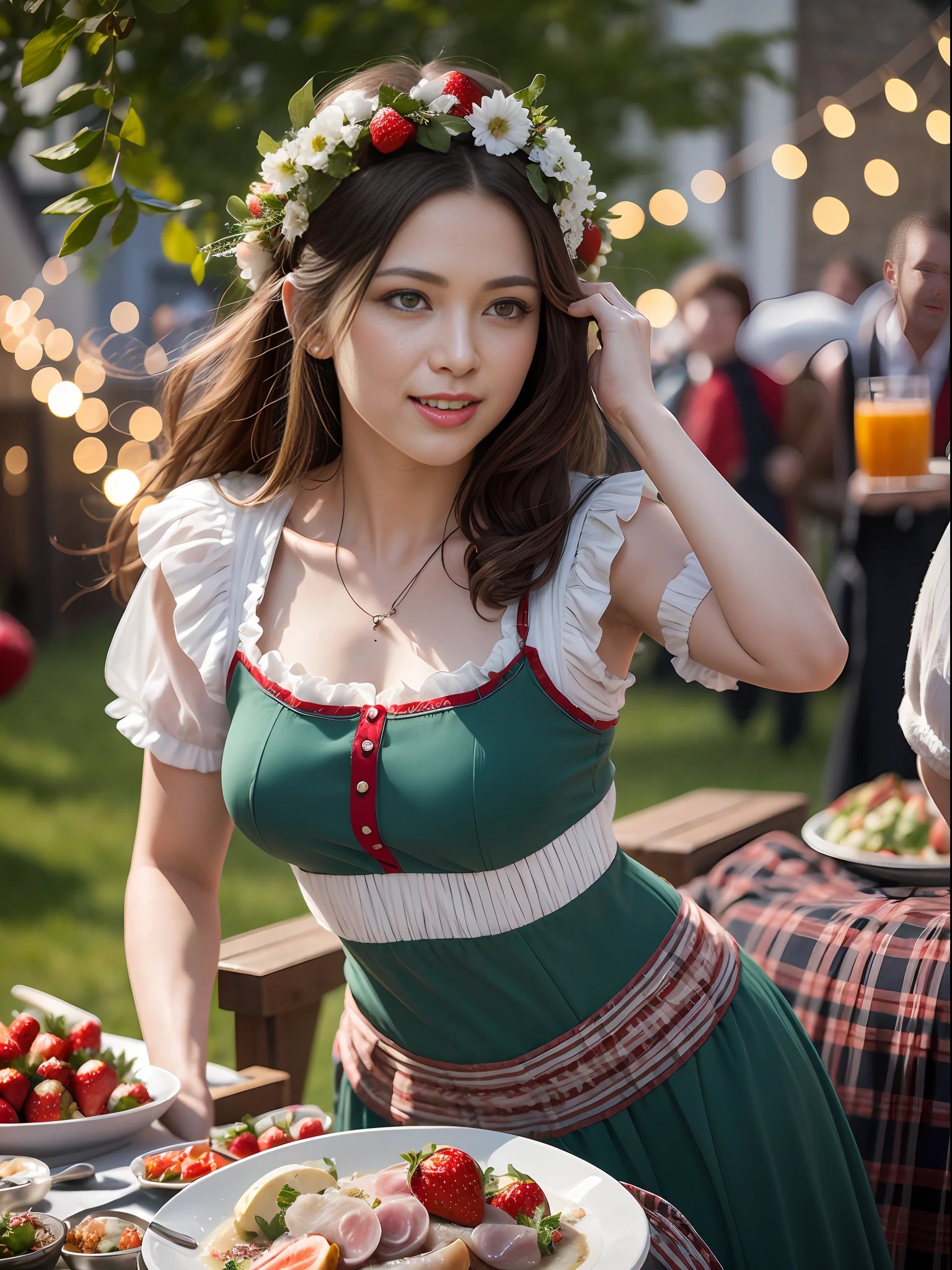 Masterpiece photography Ultra realistic hyper realistic hyper details, 4K,8k,12k, Midsummer's Eve is celebrated by dancing around a maypole wearing traditional folk costumes and enjoying a festive meal with pickled herring and strawberries.