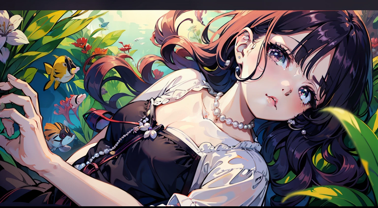 (extremely detailed CG unity 8k wallpaper, masterpiece, best quality, ultra-detailed),(best illumination, best shadow, an extremely delicate and beautiful), shimmering light, peaceful ambiance, girl, looking at the viewer, curly dark purple hair, (((aquarium))), facing the photo, long hair, shy girl: 1.3, cute girl: 1.3, ((pearl inspired accessories)), dress with ((pearl details)): 1.3, dark purple and grey dress