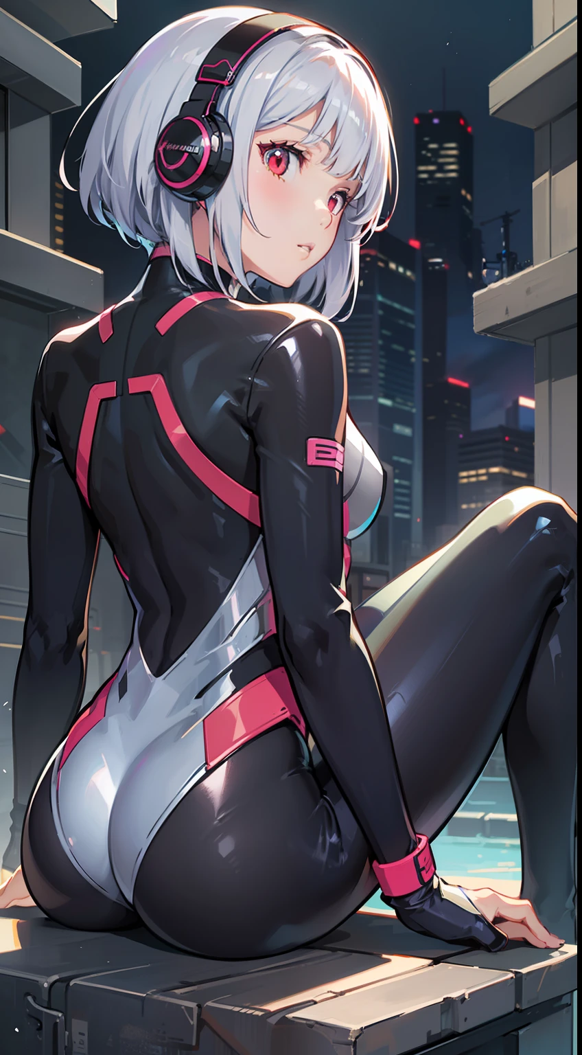 1 Whole body of a girl, has silver hair, Red eyes, bob cuts, Braids, body suit, pilotsuit, tights, headphones, sitting on, side looking, look back, concept-art, beautiful anime scene, Beautiful anime scenery, beste-Quality, A masterpice