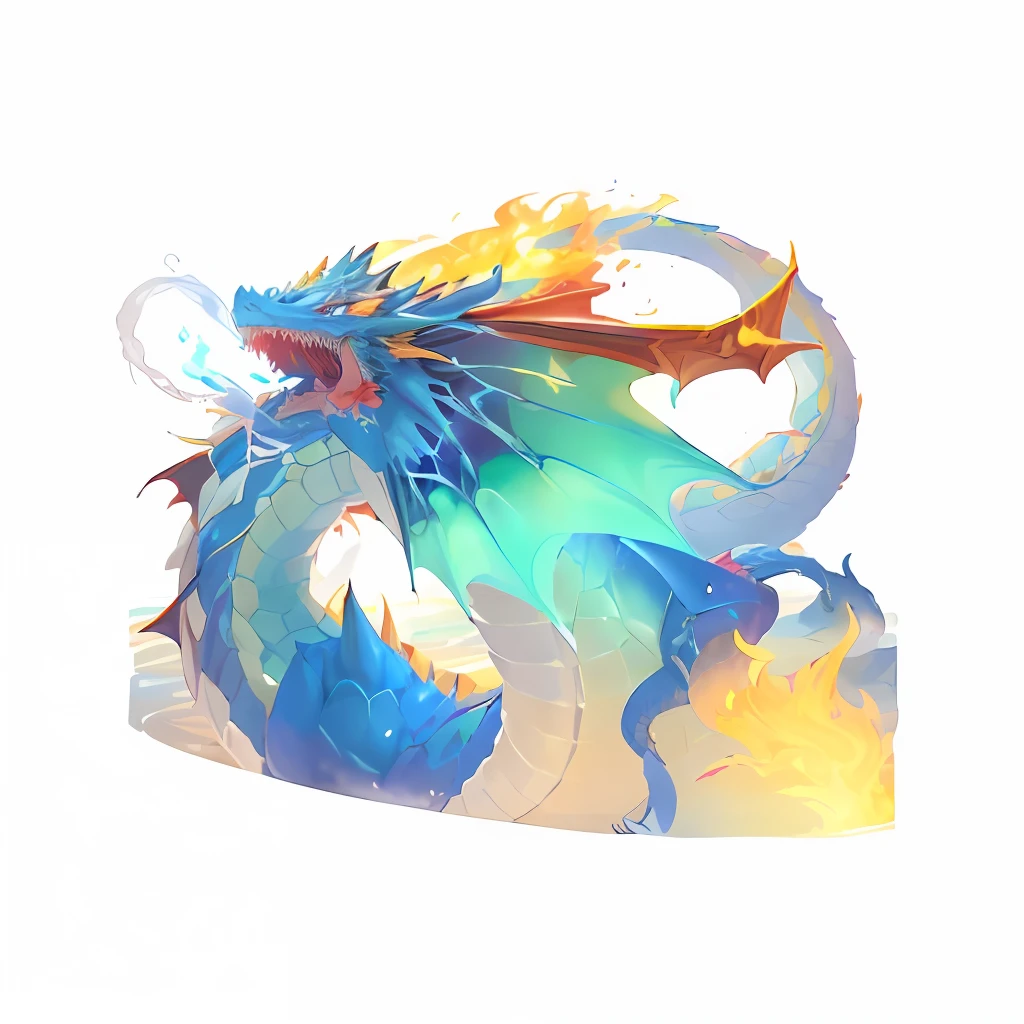 There is a blue dragon,Yellow tail and red tail, jellyfish phoenix dragon, Legendary Dragon, cyan chinese dragon fantasy, colossal dragon as background, ''dragon breathing fire, dragon breathing fire, epic dragon, dragon blowing fire above, long dragon, firebreathing dragon, Blue dragon, Crystal Dragon, furry fluffy iridescent dragon, iridescence water elemental