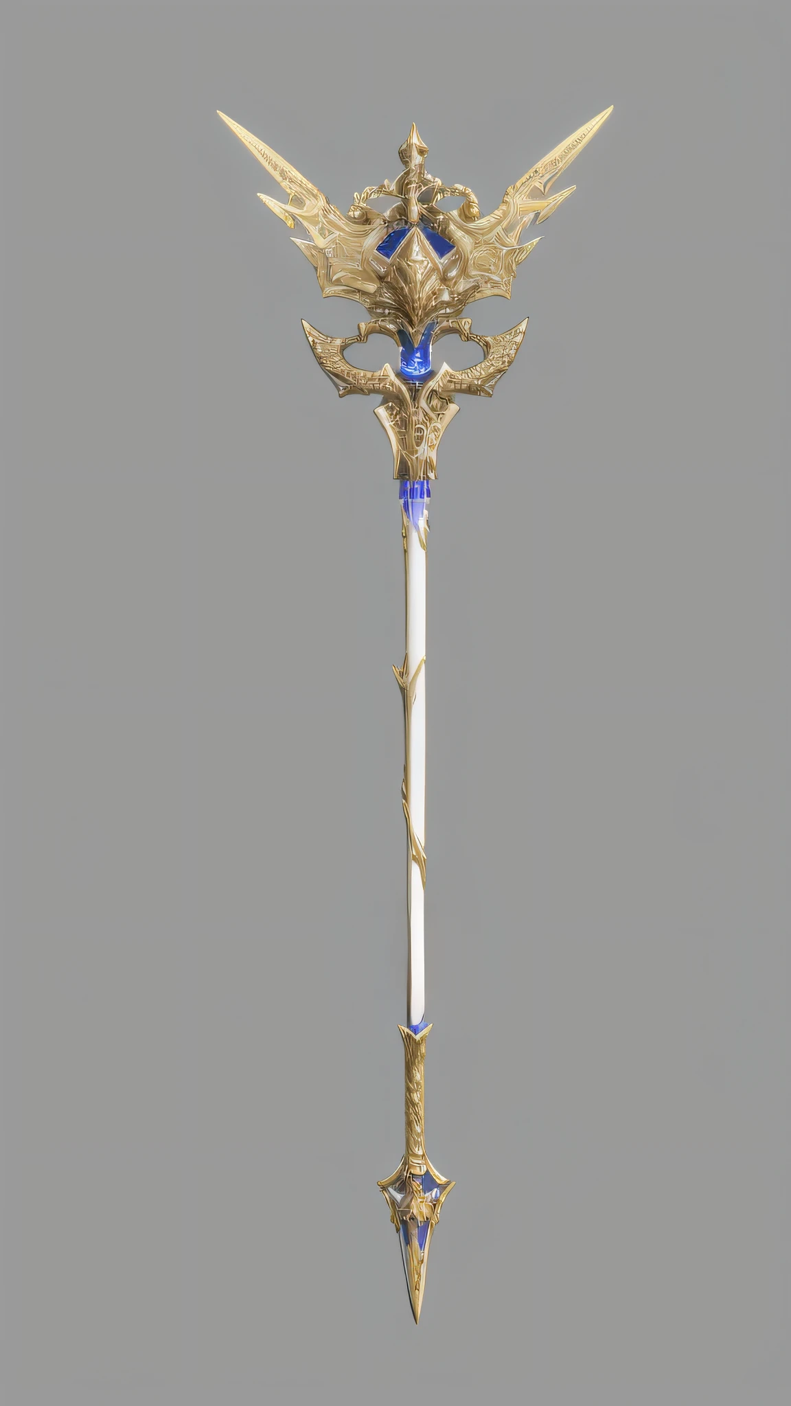 Very large metal sword，Blue and white design, bone scepter, realistic lance, intricate fantasy spear, fantasy weapon, role-playing game items, long detailed ornate scythe, rpg item render, scepter, medievil spear, halberd, metallic scepter, dragon staff, brandishing halberd