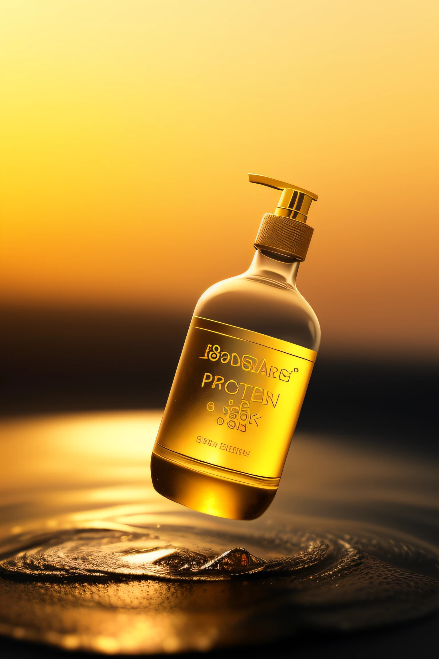 8k,Photography,super detailed,hyper realistic,masterpiece 8k,A bottle,crystal clear,transparent,Golden text,Realistic water,dynamic,Countless drops of water,splashing water,around,ripple,Bright color,Super light sensation,Caustic,Depth of field,
