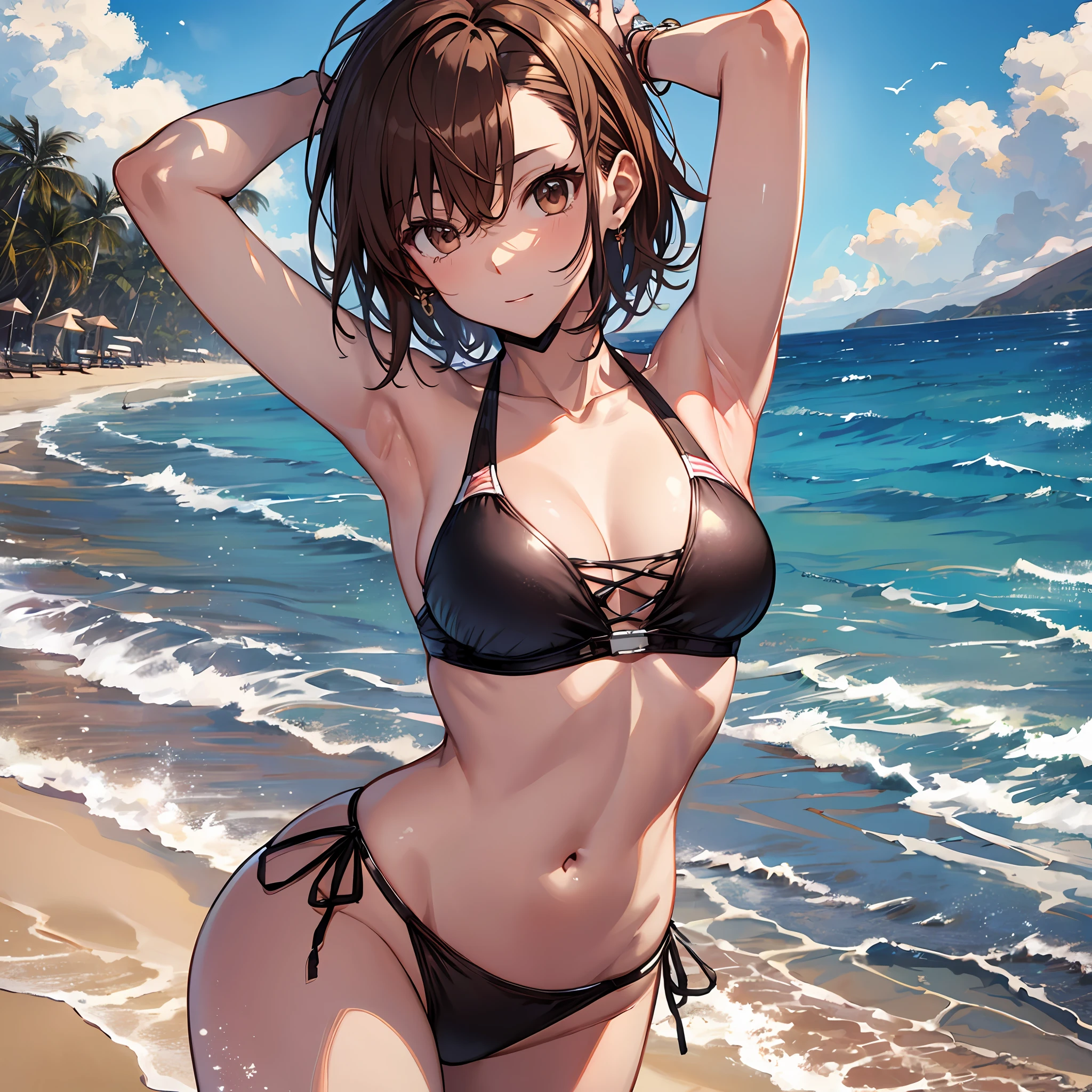 A masterpice, beste-Quality, Misaka_mikoto, Brown-eyed, Short_hair, Small_Breast, looking at the viewers Sexy black swimsuit, random posing seas beach Cool face Beautiful back