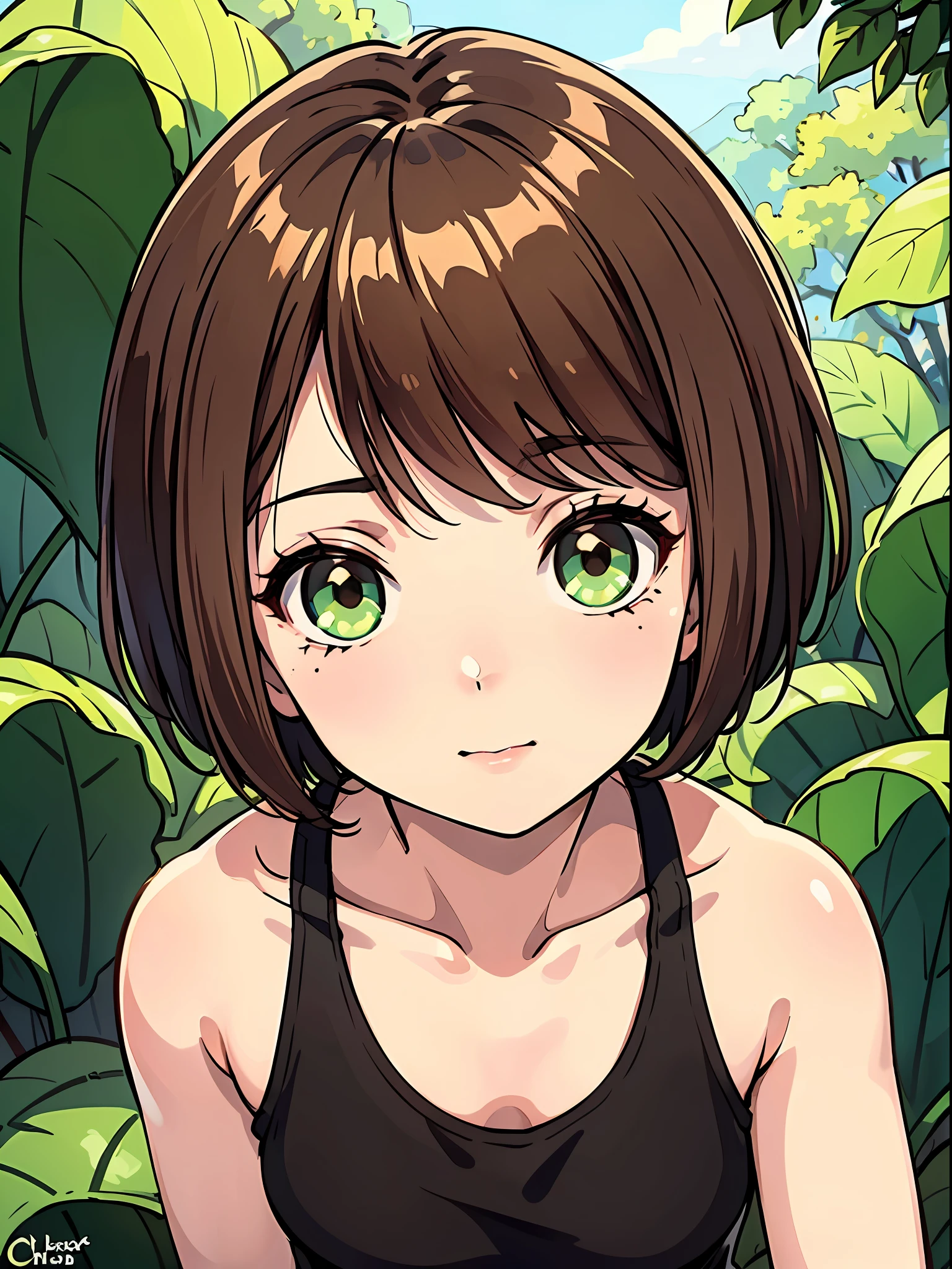 (masterpiece), best quality, beautiful detailed hair detailed face, very girl, solo, close-up portrait, narrow perspective, perfect child very cute girl, (black tanktop), chesnut brown hair, short hair, green eyes