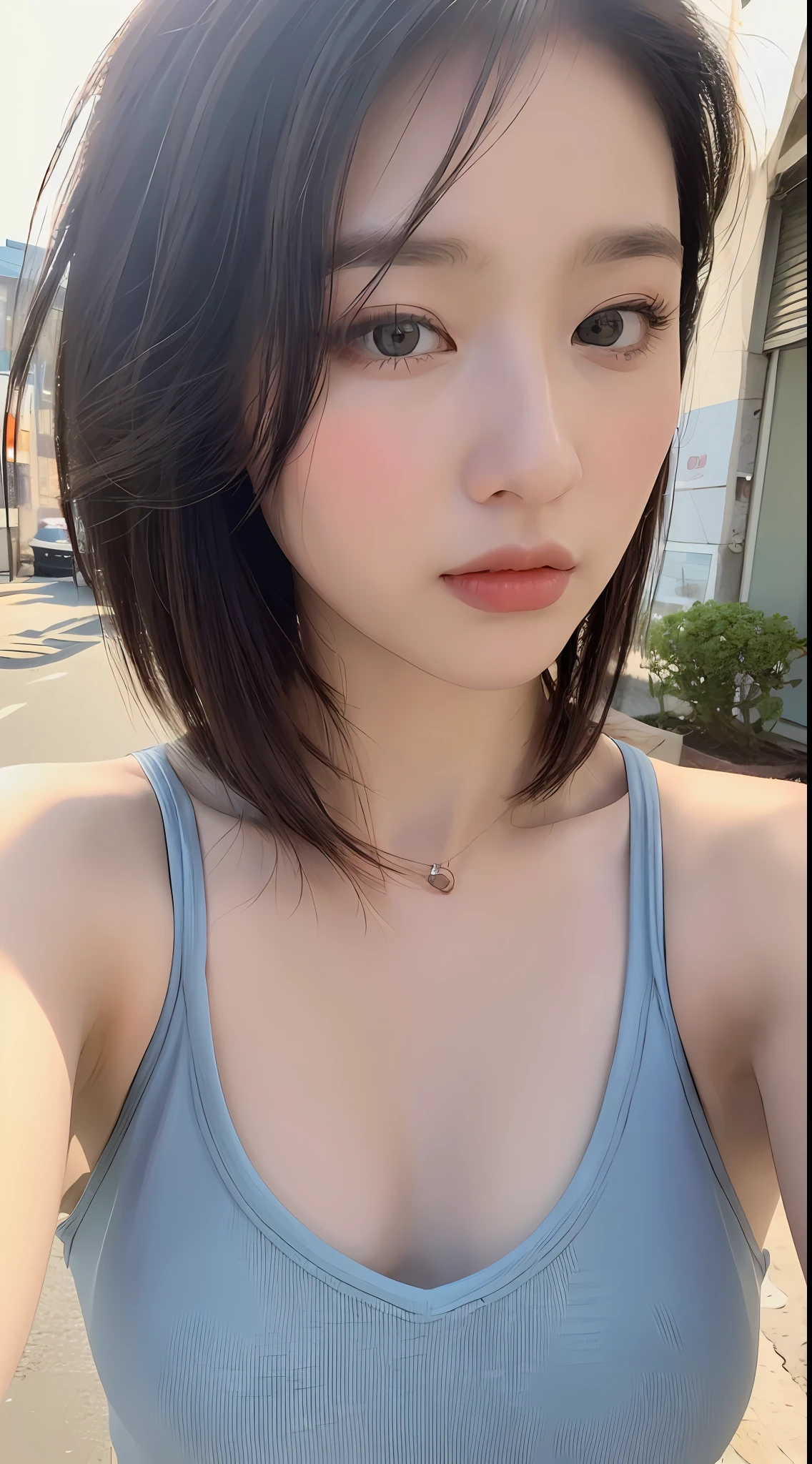 ((Best quality, 8k, Masterpiece :1.3)), Sharp focus: 1.2, Perfect Body Beauty: 1.4, Slim Abs: 1.2, ((Layered hairstyle: 1.2)), (Tank top shirt:1.1), (Street: 1.2), Highly detailed face and skin texture, Fine eyes, Double eyelids, close up