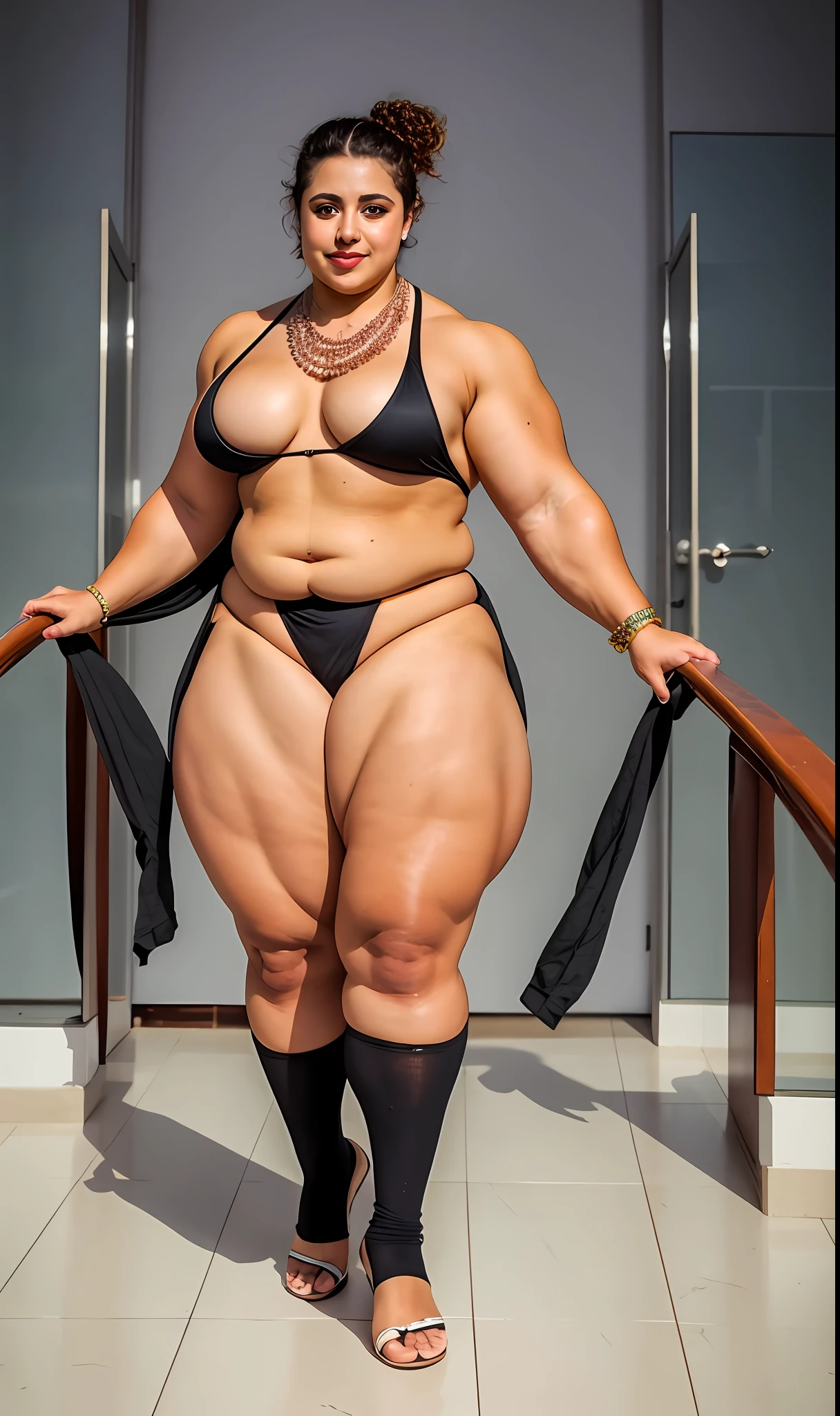 photorealistic, highest quality, RAW photo, cinematic composition, front view medium shot of a beautiful woman from ancient Greece standing, (faint smile, naughty look), (wearing a (long loose-fitting cloth:1.2) tunic in classical style, rich ancient style body accessories, fabulous diadem), skin texture, [skin wrinkles, skin spots], wrinkles in clothing, indoor, (ancient Greek hairstyle|clothes|furniture|background), (highly detailed background:1.4), (abundant details, intricate details:1.2), highly detailed clothes, volumetric lighting, sharp focus, 8k, highly detailed, UHD, HDR,  Asian-Less, 1girl, Long hair, curly hair, black hair, side bangs, ringlets, makeup, amber eyes, muscular, stocky, strong, powerful, muscle, muscles, muscular female, thick thighs, wide hips, fat mons, v-cut, groin tendon, huge ass, huge butt, big muscles, bodybuilder, biceps, large pectorals, small breasts, abs, thick eyebrows, long eyelashes, eyeliner, freckles, long nose, big nose, pointy nose, body freckles, aggressive, aggro, full body, full-length portrait, smile, big necklace, chain necklace, (insanely detailed, beautiful detailed face, masterpiece, best quality)