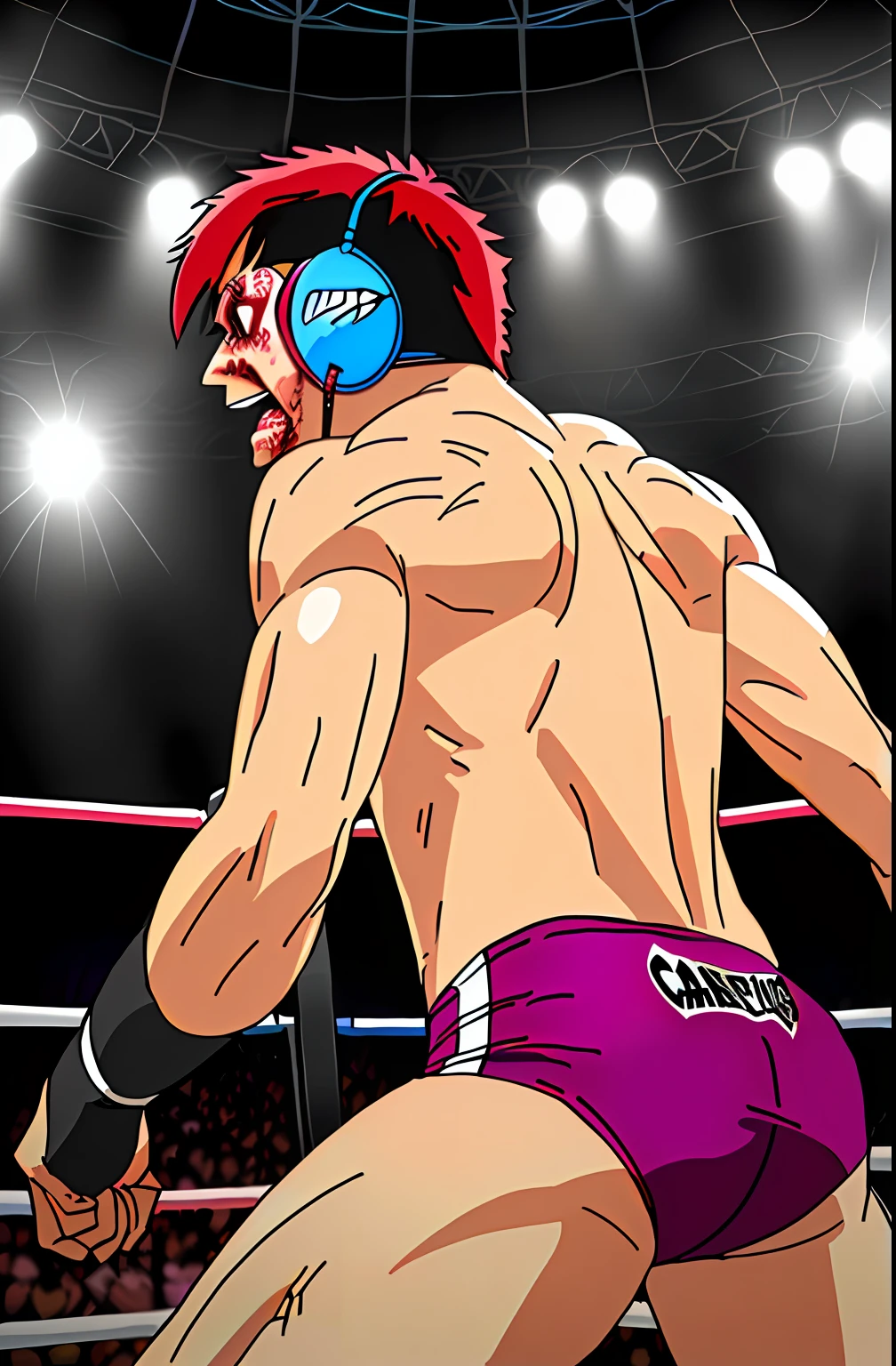 Image of a wrestler bleeding inside a cage and around the audience