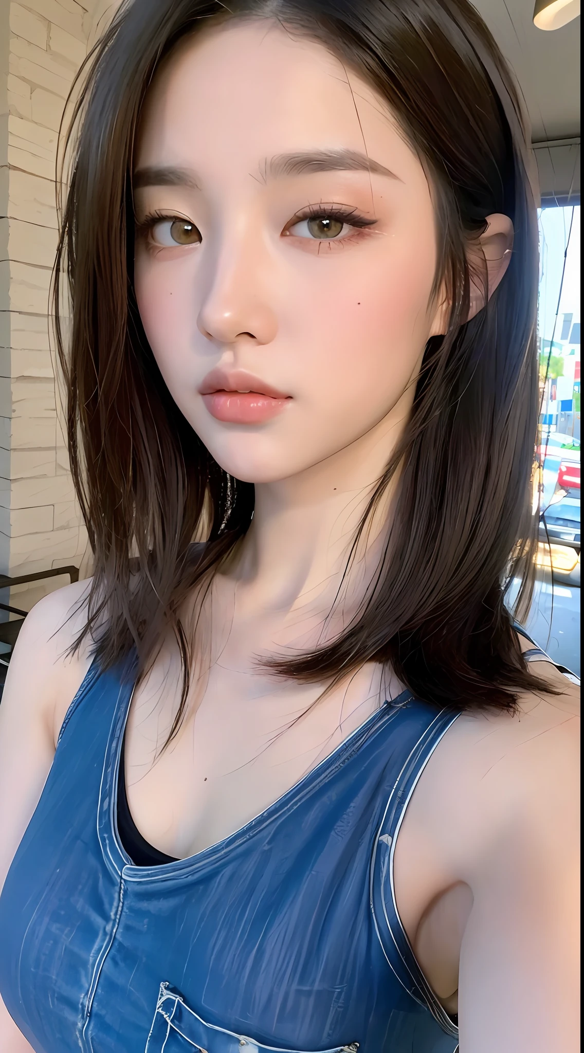 ((Best quality, 8k, Masterpiece :1.3)), Sharp focus: 1.2, Perfect Body Beauty: 1.4, Slim Abs: 1.2, ((Layered hairstyle: 1.2)), (Tank top shirt:1.1), (Street: 1.2), Highly detailed face and skin texture, Fine eyes, Double eyelids, close up