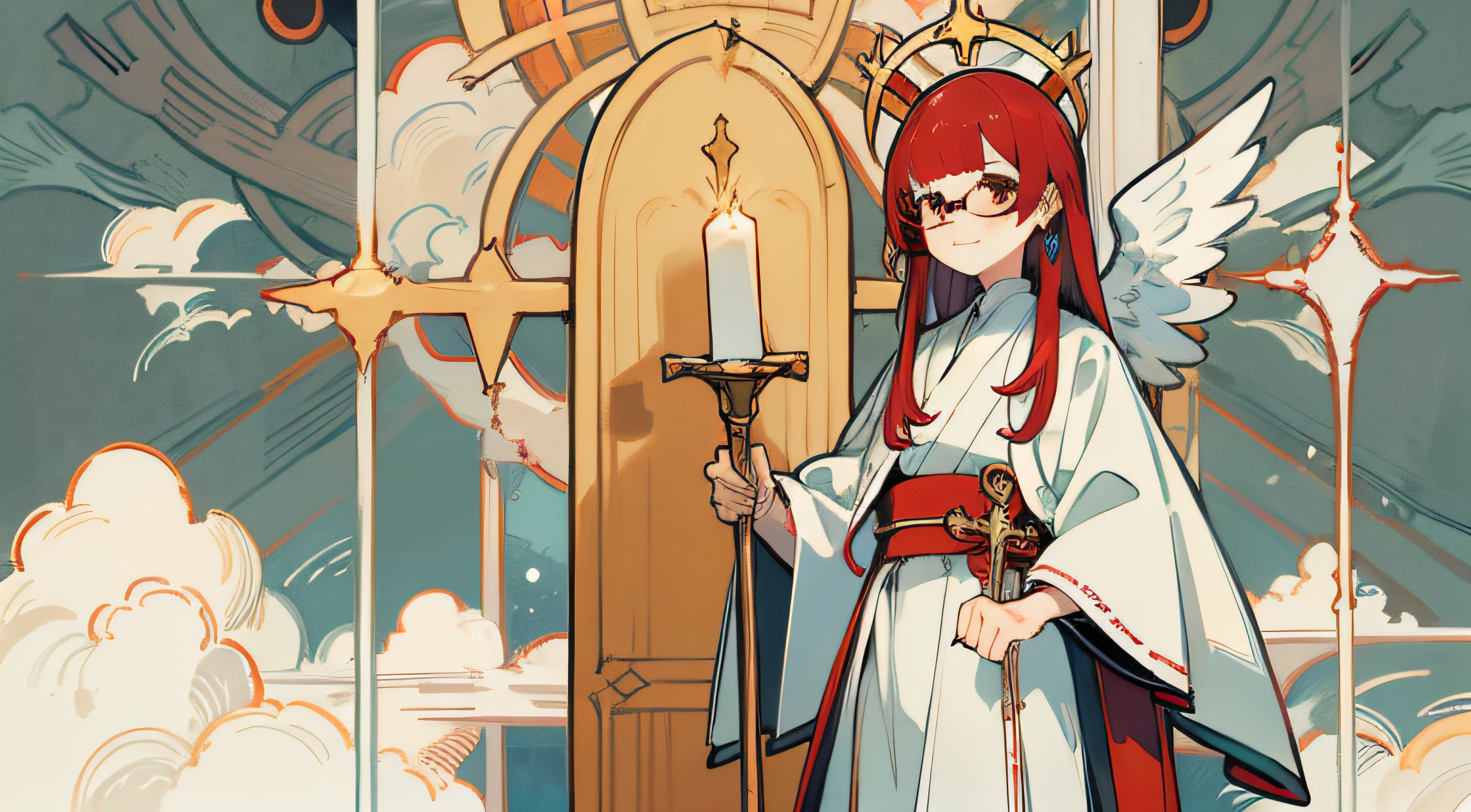 masterpiece,best quality,high quality,exquisite,beautiful,red hair,glasses,hime cut,red eye,girl,cute,blunt bangs,20 years old,Chasuble robe,cross earrings,full body shot,petite,straight hai,Half-smile,slender,
country above the clouds,angel halo,cane