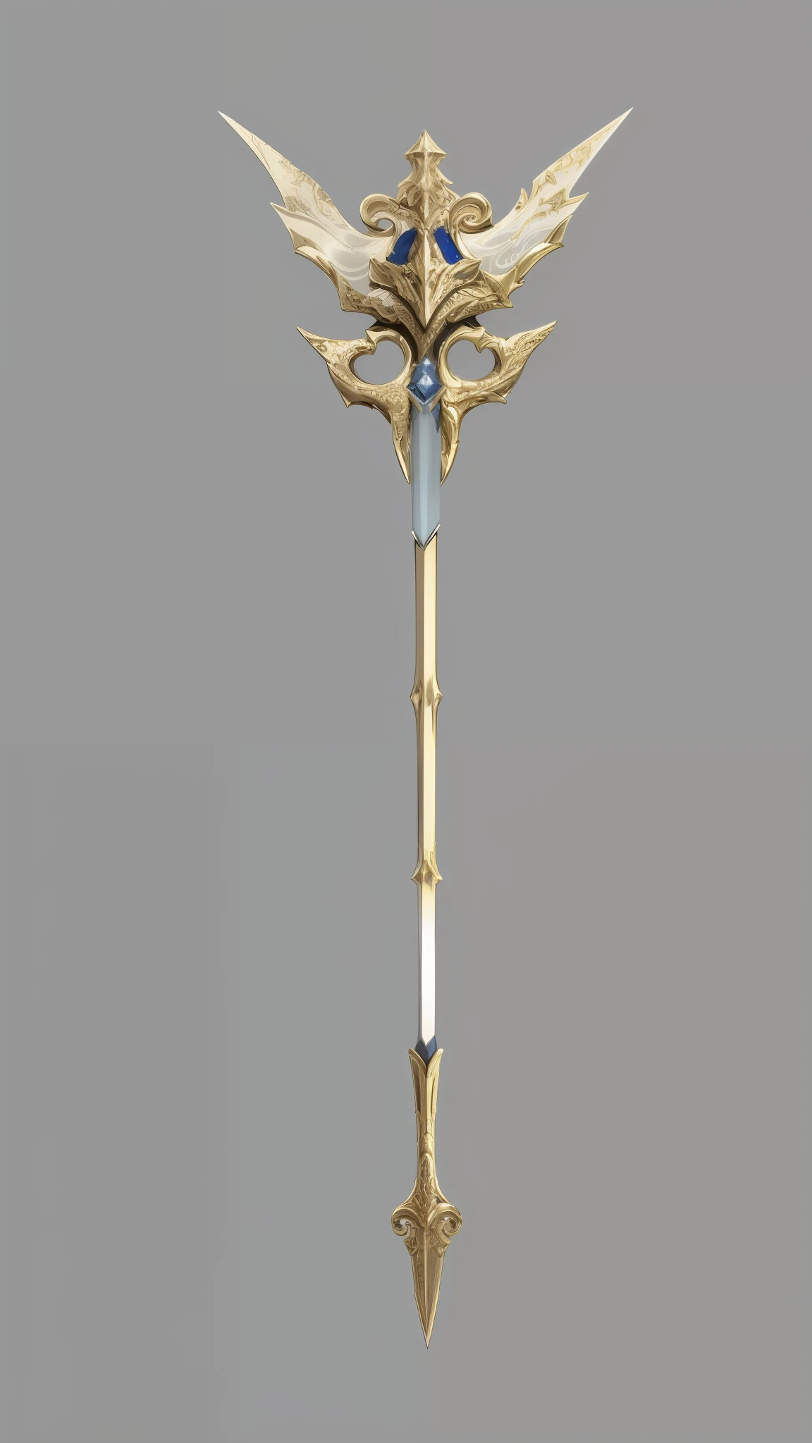 Very large metal sword,Blue and white design, bone scepter, realistic lance, intricate fantasy spear, fantasy weapon, role-playing game items, long detailed ornate scythe, rpg item render, scepter, medievil spear, halberd, metallic scepter, dragon staff, brandishing halberd