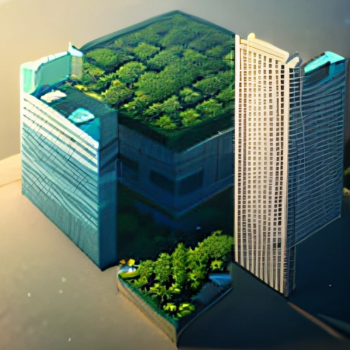 A top view of a colorful city covered in vegetation with skyscrapers, buildings, trees and flying cars. High Quality and far view