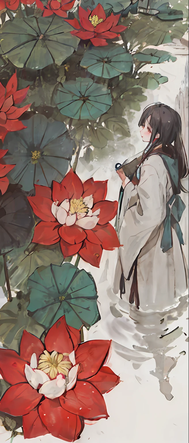 ((4k,masterpiece,best quality)), shuimobysim, traditional Chinese painting, lotus flowers, Hanfu, maxiskit, Dress conservatively 1girl, solo, blue long hair, smiled, standding, Feet in the water, white pantyhose,