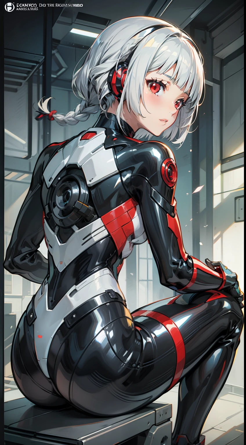 1 Whole body of a girl, has silver hair, Red eyes, bob cuts, Braids, body suit, pilotsuit, tights, headphones, sitting on, side looking, Look back, concept-art, beautiful anime scene, Beautiful anime scenery, beste-Quality, A masterpice