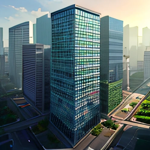 A top view of a colorful city covered in vegetation with skyscrapers, buildings, trees and flying cars. High Quality and far view
