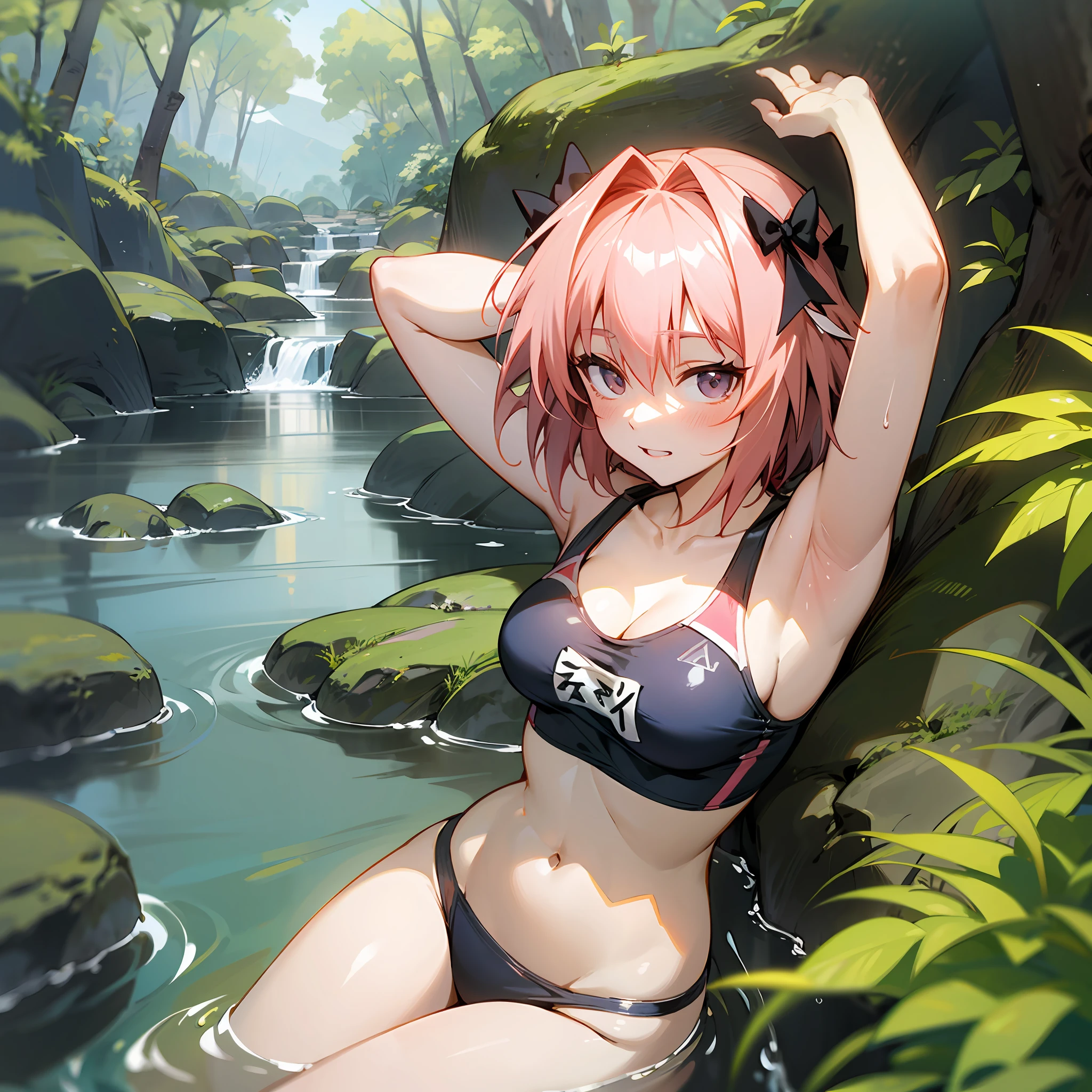 Super beautiful、Shining sunshine、Play with Astolfo in a swimsuit、femal、mountain stream、inside forest、 ight、astolfo、