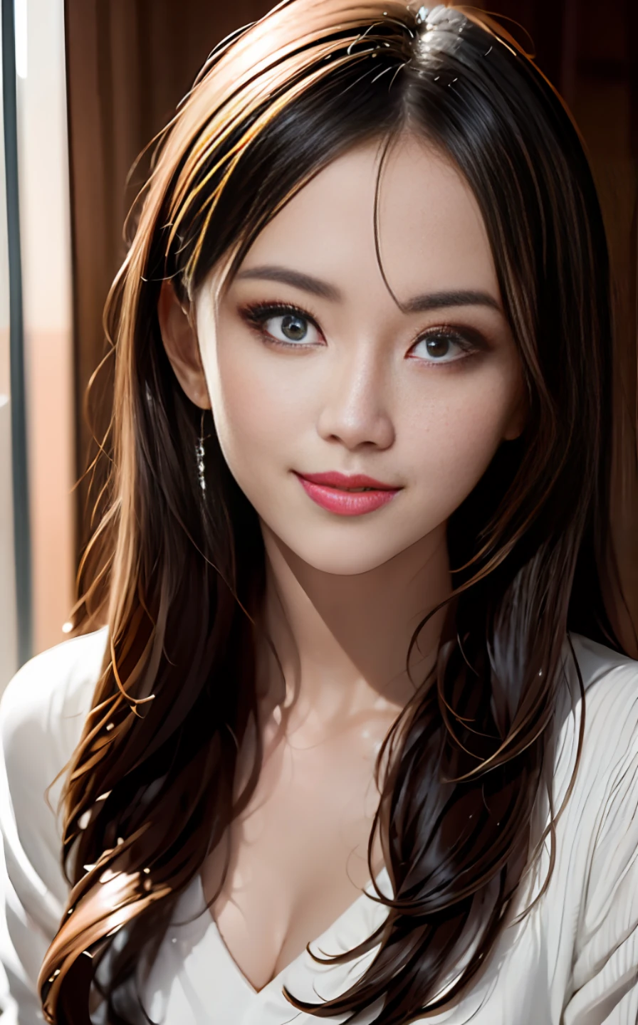 the best quality，ultra-high-resolution，（真实感：1.4），（beautiful a girl：1.4），（mediuml breasts：0.8），Looking_The is in the_peeping at the viewer，Detailed facial details，Beautiful detailed eyes，purple color  hair，Blue eyes，Slim，haunting smile，（Makeup：0.3），red lip，Very meticulous clothes，（ulzang-6500-v1.1：0.3）