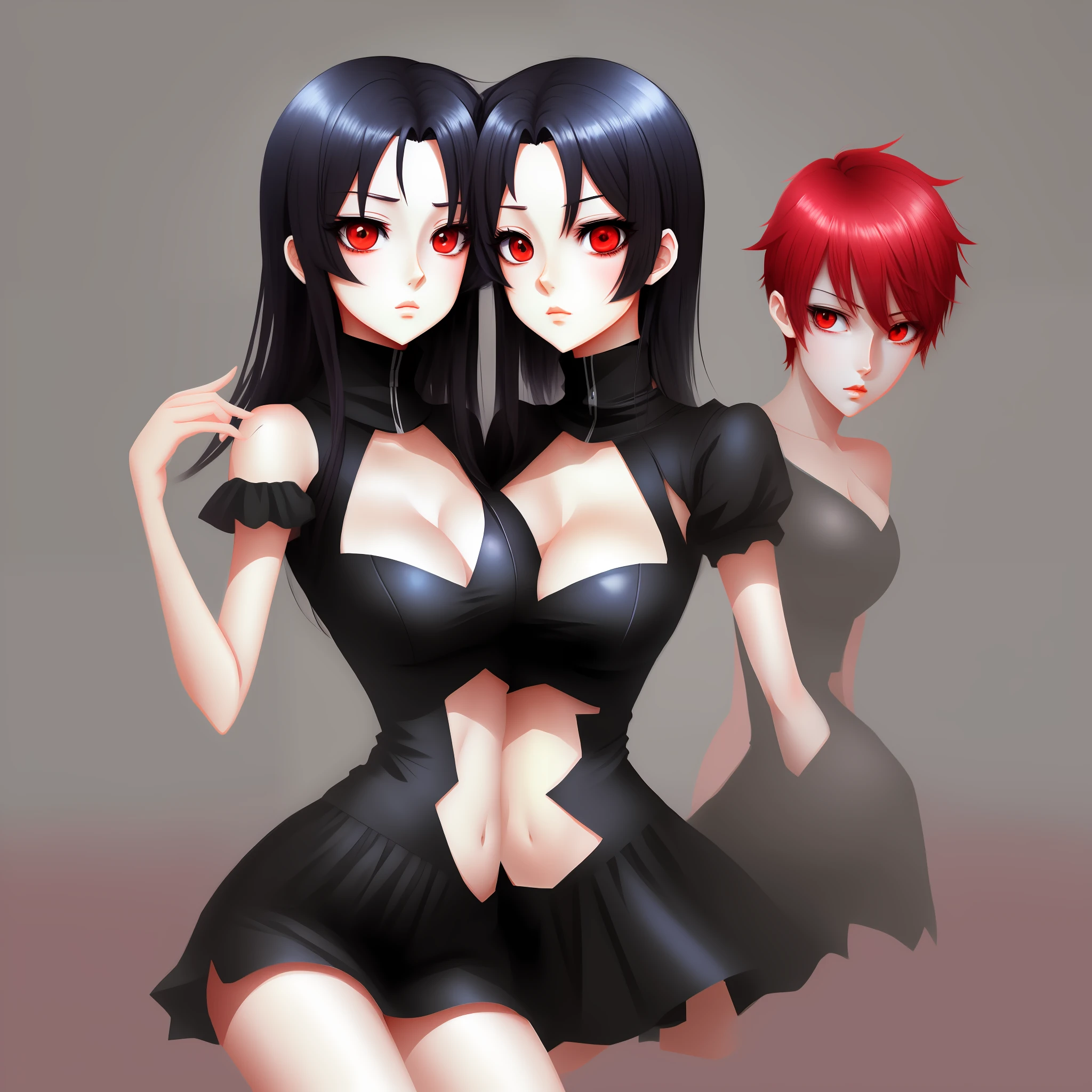Two heads conjoined female straight black hair anime art style one torso red eyes